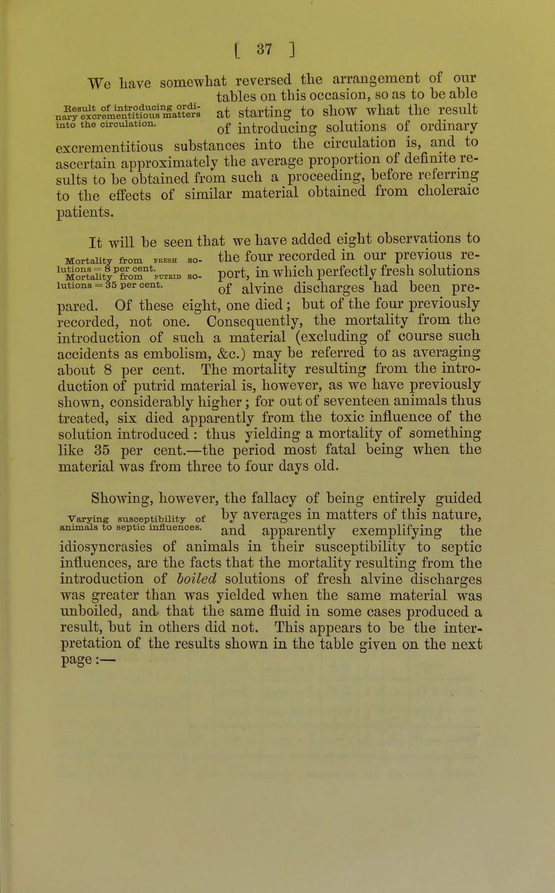 We liave somewhat reversed the arrangement of our tables on this occasion, so as to be able Jff^^^^Mi at starting to show what the result into the circulation. of producing solutions of ordinary excrementitious substances into the circulation is, and to ascertain approximately the average proportion of definite re- sults to be obtained from such a proceeding, before referring to the effects of similar material obtained from choleraic patients. It will be seen that we have added eight observations to Mortality from *KEsh so- the four recorded in our previous re- hMS8ypfrom'™, so- port, in which perfectly fresh solutions lutions = 35 per cent. Qf aivine discharges had been pre- pared. Of these eight, one died; but of the four previously recorded, not one. Consequently, the mortality from the introduction of such a material (excluding of course such accidents as embolism, &c.) may be referred to as averaging about 8 per cent. The mortality resulting from the intro- duction of putrid material is, however, as we have previously shown, considerably higher; for out of seventeen animals thus treated, six died apparently from the toxic influence of the solution introduced : thus yielding a mortality of something like 35 per cent.—the period most fatal being when the material was from three to four days old. Showing, however, the fallacy of being entirely guided varying susceptibility of by averages in matters of this nature, animals to septic influences. and apparently exemplifying the idiosyncrasies of animals in their susceptibility to septic influences, are the facts that the mortality resulting from the introduction of boiled solutions of fresh alvine discharges was greater than was yielded when the same material was unboiled, and- that the same fluid in some cases produced a result, but in others did not. This appears to be the inter- pretation of the results shown in the table given on the next page:—