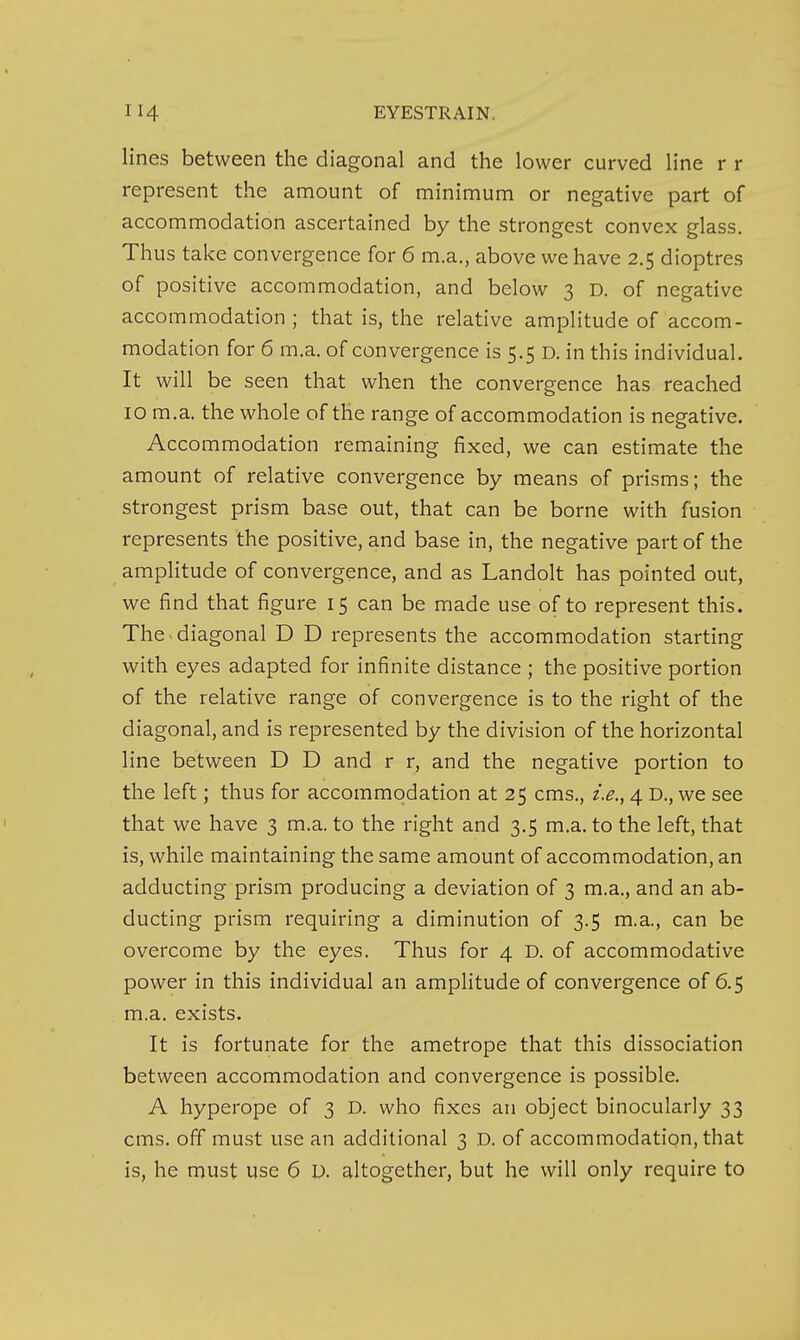 lines between the diagonal and the lower curved line r r represent the amount of minimum or negative part of accommodation ascertained by the strongest convex glass. Thus take convergence for 6 m.a., above we have 2.5 dioptres of positive accommodation, and below 3 D. of negative accommodation ; that is, the relative amplitude of accom- modation for 6 m.a. of convergence is 5.5 D. in this individual. It will be seen that when the convergence has reached 10 m.a. the whole of the range of accommodation is negative. Accommodation remaining fixed, we can estimate the amount of relative convergence by means of prisms; the strongest prism base out, that can be borne with fusion represents the positive, and base in, the negative part of the amplitude of convergence, and as Landolt has pointed out, we find that figure 15 can be made use of to represent this. The < diagonal D D represents the accommodation starting with eyes adapted for infinite distance ; the positive portion of the relative range of convergence is to the right of the diagonal, and is represented by the division of the horizontal line between D D and r r, and the negative portion to the left; thus for accommodation at 25 cms., i.e., 4 D., we see that we have 3 m.a. to the right and 3.5 m.a. to the left, that is, while maintaining the same amount of accommodation, an adducting prism producing a deviation of 3 m.a., and an ab- ducting prism requiring a diminution of 3.5 m.a., can be overcome by the eyes. Thus for 4 D. of accommodative power in this individual an amplitude of convergence of 6.5 m.a. exists. It is fortunate for the ametrope that this dissociation between accommodation and convergence is possible. A hyperope of 3 D. who fixes an object binocularly 33 cms. off must use an additional 3 D. of accommodation, that is, he must use 6 l). altogether, but he will only require to