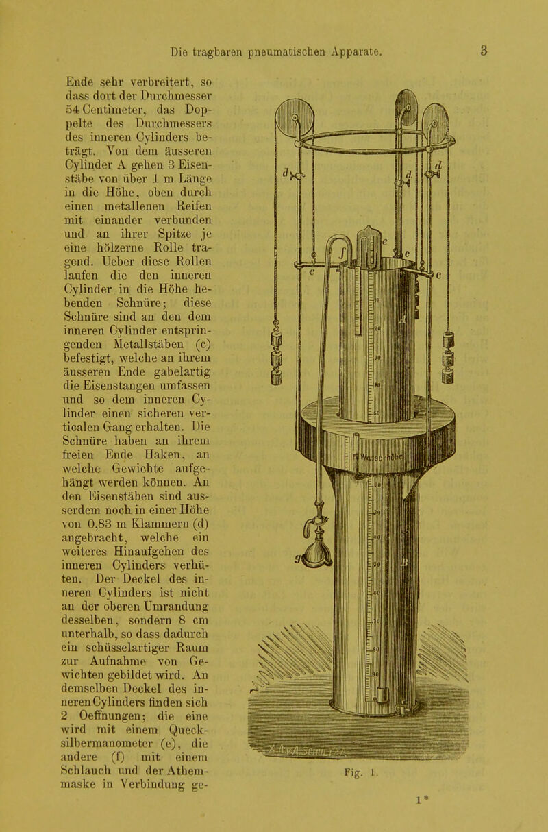 Ende sehr verbreitert, so dass dort der Durchmesser 54 Centimeter, das Dop- pelte des Durchmessers des inneren Cylinders be- trägt. Von dem äusseren Cylinder A gehen 3 Eisen- stäbe von über 1 m Länge in die Höhe, oben durch einen metallenen Reifen mit einander verbunden und an ihrer Spitze je eine hölzerne Rolle tra- gend. Ueber diese Rollen laufen die den inneren Cylinder in die Höhe he- benden Schnüre; diese Schnüre sind an den dem inneren Cylinder entsprin- genden Metallstäben (c) befestigt, welche an ihrem äusseren Ende gabelartig die Eisenstangen umfassen und so dem inneren Cy- linder einen sicheren ver- ticalen Gang erhalten. Die Schnüre haben an ihrem freien Ende Haken, an welche Gewichte aufge- hängt werden können. An den Eisenstäben sind aus- serdem noch in einer Höhe von 0,83 m Klammern (d) angebracht, welche ein weiteres Hinaufgehen des inneren Cylinders verhü- ten. Der Deckel des in- neren Cylinders ist nicht an der oberen Umrandung desselben, sondern 8 cm unterhalb, so dass dadurch ein schüsselartiger Raum zur Aufnahme von Ge- wichten gebildet wird. An demselben Deckel des in- neren Cylinders finden sich 2 Oeffnungen; die eine wird mit einem Queck- silbermanometer (e), die andere (f) mit einem Schlauch und derAthem- maske in Verbindung ge- Fig. 1 1*