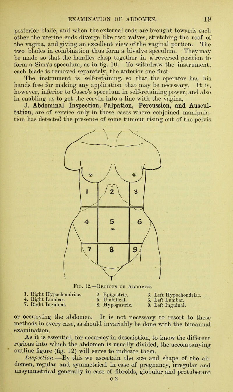 posterior blade, and when the external ends are brought towards each other the uterine ends diverge like two valves, stretching the roof of the vagina, and giving an excellent view of the vaginal portion. The two blades in combination thus form a bivalve speculum. They may- be made so that the handles clasp together in a revei'sed position to form a Sims's speculum, as in fig. 10. To withdraw the instrument, each blade is I'emoved separately, the anterior one first. The instrument is self-retaining, so that the operator has his hands free for making any application that may be necessary. It is, however, inferior toCusco's speculum in self-retaining power, and also in enabling us to get the cervix into a line with the vagina. 3. Abdominal Inspection, Palpation, Percussion, and Auscul- tation, are of service only in those cases where conjoined manipula- tion has detected the presence of some tumour rising out of the pelvis Fig, 12,—Regions of Abdomen. 1, Right Hypochondriac. 2, Epigastric. 3. Left Hypochondriac. 4. Right Lumbar. 5. Umbilical, 6. Left Lumbar. 7. Right Inguinal. 8. Hypogastric. 9. Left Inguinal. or occupying the abdomen. It is not necessary to resort to these methods in every case, as should invariably be done with the bimanual examination. As it is essential, for accuracy in description, to know the different regions into which the abdomen is usually divided, the accompanying outline figure (fig. 12) will serve to indicate them. Inspection.—By this we ascertain the size and shape of the ab- domen, regular and symmetrical in case of pregnancy, irregular and unsymmetrical generally in case of fibroids, globular and protuberant c 2