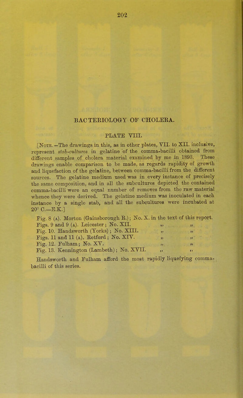 BACTEEIOLOGY OF CHOLERA. PLATE VIII. [Note. —The drawings in this, as in other plates, VII. to XII. inclusive, represent stab-culhires in gelatine of the comma-bacilli obtained from different samples of cholera material examined by me in 1893. These drawings enable comparison to be made, as regards rapidity of growth and liquefaction of the gelatine, between comma-bacilli from the different sources. The gelatine medium used was in every instance of precisely the same composition, and in all the subcultures depicted the contained comma-bacilli were an equal number of removes from the raw material whence they were derived. The gelatine medium was inoculated in each instance by a single stab, and all the subcultures were incubated at 20° 0.—E.K.] Fig. 8 (a). Morton (G-ainsborough E.); No. X. in the text of this report. Figs. 9 and 9 (a). Leicester; No. XII. „ „ Fig. 10. Handsworth (Yorks); No. XIII. „ „ Figs. 11 and 11 (a). Eetford; No. XIV. „ Fig. 12. Fulham; No. XV. » « Fig. 13. Kennington (Lambeth); No. XVII. „ n Handsworth and Fulham afford the most rapidly liquefying comma- bacilli of this series.
