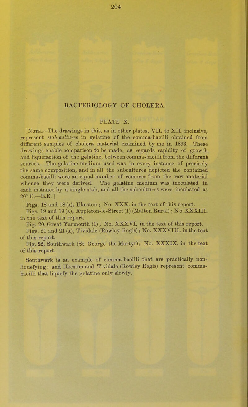 BACTERIOLOGY OF CHOLERA. PLATE X. [Note.,—The drawings in this, as in other plates, VII. to XII. inclnBive, represent stab-euUv/res in gelatine of the comma-bacilli obtained from different samples of cholera material examined by me in 1893. These drawings enable comparison to be made, as regards rapidity of growth and liquefaction of the gelatine, between comma-bacilli from the diflferent sources. The gelatine medium used was in every instance of precisely the same composition, and in all the subcultures depicted the contained comma-bacilli were an equal number of removes from the raw material whence they were derived. The gelatine medium was inoculated in each instance by a single stab, and all the subcultures were incubated at 20° 0.—E.K.] Figs. 18 and 18 (a), Ilkeston ; No. XXX. in the text of this report. Pigs. 19 and 19 (a), Appleton-le-Street (1) (Malton Rural); No.XXXIII. in the text of this report. Fig. 20, Great Yarmouth (1); No. XXXVI. in the text of this report. Figs. 21 and 21 (a), Tividale (Eowley Eegis); No. XXXVIII. in the text of this report. Fig. 22, Southwark (St. George the Martyr); No. XXXIX. in the text of this report. Southwark is an example of comma-bacilli that are practically non- liquefying: and Ilkeston and Tividale (Eowley Regis) represent comma- bacilli that liquefy the gelatine only slowly.