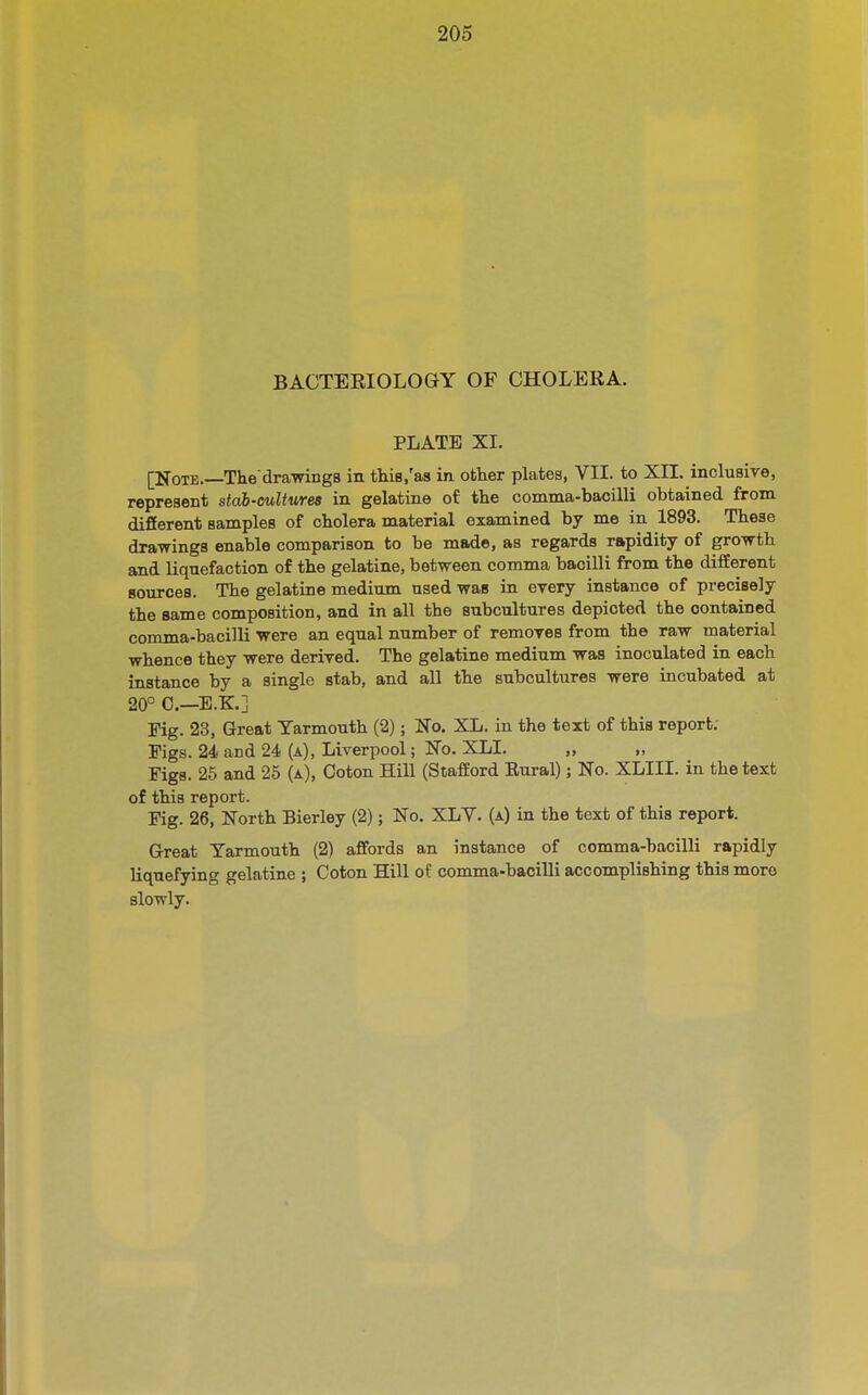 BACTEEIOLOGY OF CHOLERA. PLATE XI. [Note.—The'drawings in this/aa in other plates, VII. to XII. inclusive, represent stab-cultures in gelatine of the comma-bacilli obtained from difierent samples of cholera material examined by me in 1893. These drawings enable comparison to be made, as regards rapidity of growth and liquefaction of the gelatine, between comma bacilli from the different sources. The gelatine medium used was in every instance of precisely the same composition, and in all the subcultures depicted the contained comma-bacilli were an equal number of removes from the raw material whence they were derived. The gelatine medium was inoculated in each instance by a single stab, and all the subcultures were incubated at 20° C—B.K.] Fig. 23, Great Yarmouth (2); No. XL. in the text of this report. Figs. 24 and 24 (a), Liverpool; No. XLI. „ „ Figs. 25 and 25 (a), Ooton Hill (Stafford Eural); No. XLIII. in the text of this report. Pig. 26, North Bierley (2); No. XLV. (a) in the text of this report. G-reat Yarmouth (2) affords an instance of comma-bacilli rapidly liquefying gelatine ; Coton Hill of comma-bacilli accomplishing this more slowly.