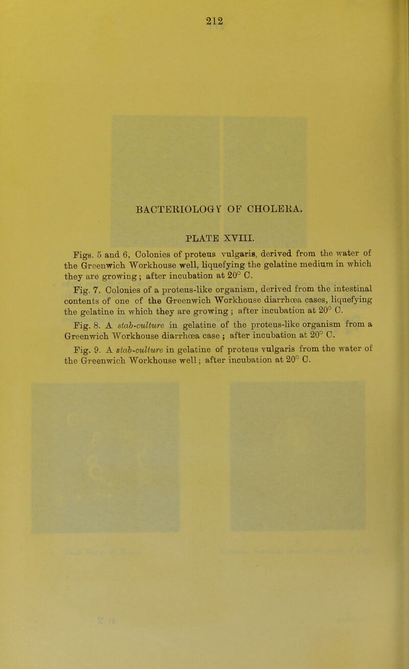 BACTEKIOLOar OF CHOLERA. PLATE XVIII. Figs. 5 and 6, Colonies of protens vulgaris, derived from the water of the Greenwich Workhouse well, liquefying the gelatine medium in which they are growing; after incubation at 20° C. Fig. 7. Colonies of a proteus-like organism, derived from the intestinal contents of one of the G-reenwich Workhouse diarrhoea cases, liquefying the gelatine in which they are growing; after incubation at 20° 0. Fig. 8. A stab-culture in gelatine of the proteus-like organism from a Greenwich Workhouse diarrhoea case ; after incubation at 20° C. Fig. 9. A stab-culture in gelatine of proteus vulgaris from the water of the Greenwich Workhouse well; after incubation at 20° C.