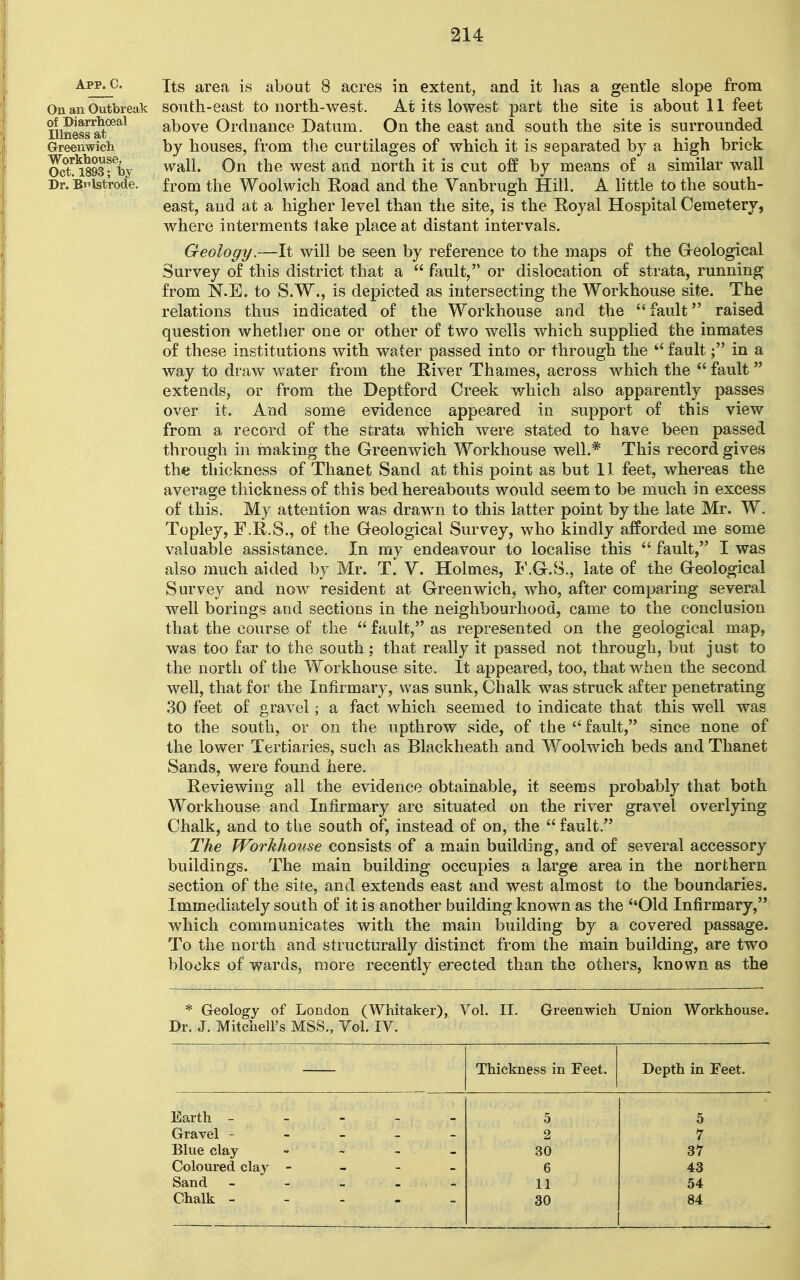 App. C. On an Outbreak of Diarrhoeal Illness at Greenwich Workhouse, Oct. 1893; hy Dr. Bnlstrode, Its area is about 8 acres in extent, and it has a gentle slope from south-east to north-west. At its lowest part the site is about 11 feet above Ordnance Datum, On the east and south the site is surrounded by houses, from the curtilages of which it is separated by a high brick wall. On the west and north it is cut off by means of a similar wall from the Woolwich Eoad and the Vanbrugh Hill. A little to the south- east, and at a higher level than the site, is the Royal Hospital Cemetery, where interments take place at distant intervals. Geology.—It will be seen by reference to the maps of the Greological Survey of this district that a  fault, or dislocation of strata, running from N.E, to S.W., is depicted as intersecting the Workhouse site. The relations thus indicated of the Workhouse and the fault raised question whetlier one or other of two wells which supplied the inmates of these institutions with water passed into or through the  fault; in a way to draw water from the River Thames, across which the  fault  extends, or from the Deptford Creek which also apparently passes over it. And some evidence appeared in support of this view from a record of the strata which were stated to have been passed through in making the Greenwich Workhouse well.* This record gives the thickness of Thanet Sand at this point as but 11 feet, whereas the average thickness of this bed hereabouts would seem to be much in excess of this. My attention was dra\A'n to this latter point by the late Mr. W. Topley, F.R.S., of the Geological Survey, who kindly afforded me some valuable assistance. In my endeavour to localise this  fault, I was also much aided by Mr. T. V. Holmes, t'.G.S., late of the Greological Survey and now resident at Greenwichj who, after comparing several well borings and sections in the neighbourhood, came to the conclusion that the course of the  fault, as represented on the geological map, was too far to the south; that really it passed not through, but just to the north of the Workhouse site. It appeared, too, that when the second well, that for the Infirmary, was sunk, Chalk was struck after penetrating 30 feet of gravel; a fact which seemed to indicate that this well was to the south, or on the upthrow side, of the  fault, since none of the lower Tertiaries, such as Blackheath and Woolwich beds and Thanet Sands, were found here. Reviewing all the evidence obtainable, it seems probably that both Workhouse and Infirmary are situated on the river gravel overlying Chalk, and to the south of, instead of on, the  fault. The Workhouse consists of a main building, and of several accessory buildings. The main building occupies a large area in the northern section of the site, and extends east and west almost to the boundaries. Immediately south of it is another building known as the ''Old Infirmary, which communicates with the main building by a covered passage. To the north and structurally distinct from the main building, are two blocks of wards, more recently erected than the others, known as the * Geology of London (Whitaker), Vol. II. Dr. J. Mitchell's MSS., Yol. IV. Greenwich Union Workhouse. Thickness in Feet. Depth in Feet. Earth - - - - - 5 5 Gravel - - - _ 2 r Blue clay 30 37 Coloured clay - - - 6 43 Sand - - - - - 11 54 Chalk - - - - . 30 84