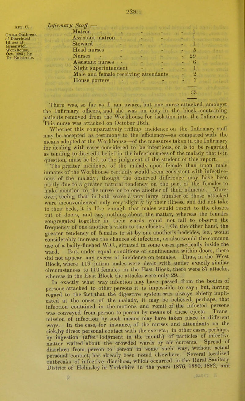 22b Infirmary Staff:— Matron - - - - 1 Assisten't matron - - - • 1 Steward - - - - - 1 Head nurses - - - - o Nurses - - - - - 29 Assistant nurses - - - - 0 Night superintendent - - - 1 Male and female receiving attendants - 2 House porters - - - - 7 There was, so far as I am aware, but one nurse attacked amongst the Infirmary officers, and she was on duty in tlie block containing patients removed from the Woi'khouse for isolation into the Infirmary. This nurse was attacked on October 16th. Whether this comparatively trifling incidence on the Infirmary staff may be accepted as testimony to the efficiency—as compared with the means adopted at the Workhouse—of the measures taken in the Infirmary for dealing with cases considered to be infectious, or is to be regarded as tending to discredit belief in the infectiousness of the malady that is in question, must be left to the judgment of the student of this report. The greater incidence of the malady upon female than upon male inmates of the Workhouse certainly would seem consistent with infective- ness of the malady; though the observed difference may have been partly due to a greater natural tendency on the part of the females to make mention to the nurse or to one another of their ailments. More- ovei-. seeing that in both sexes a very large number of those attacked were inconvenienced only very slightly by their illness, and did not take to their beds, it is like enough that males would resort to the closets out of doors, and say nothing about the matter, whereas the females congregated together in their Avards could not fail to observe the frequency of one another's visits to the closets. On the other hand, the greater tendency of females to sit by one anothei's bedsides, &c,, would considerably increase the chances of infection, as also would the common use of a badly-flushed VV.C, situated in some cases practically inside the ward. But, under equal conditions of confinement within doors, there did not appear any excess of incidence on females. Thus, in the West Block, where 119 infirm males were dealt with under exactly similar circumstances to 119 females in the East Block, there were 37 attacks, whereas in the East Block the attacks were only 29. In exactly what way infection may have passed from the bodies of persons attacked to other persons it is impossible to say; but, having regard to the fact that the digestive system was always chiefly impli- cated at the onset of the malady, it may be believed, perhaps, that infection contained in the motions and vomit of the infected persons was conveyed from.person to person by means of these ejecta. Trans- mission of infection by such means may have taken place in different Avays. In the case, for instance, of the nurses and attendants on the sickjby direct personal contact with the excreta; in other cases, perhaps, by ingestion (after lodgment in the mouth) of particles of infective matter wafted about the crowded wards by air currents. Spread of diarrhoea from person to person in some such way, without actual personal contact, has already been noted elsewhere. Several localized outbreaks of infective diarrhoea, which occurred in the Rural Sanitary District of Helmsley in Yorkshire in the years 1876. 1880, 18»2, and .V- App. C. On an Outbreak of DiaiThoeal Illness at Greenwich Workhouse, Oct. 1893; by Dr. Bulstrode.