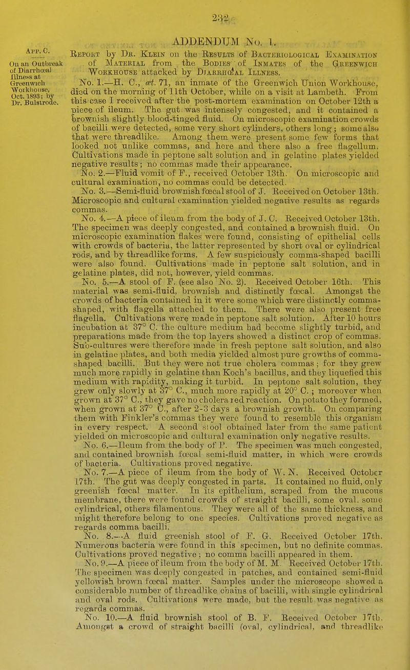 Ai'P. C. On an Outbreak ot Diarrhooal Illness at Greenwich Workhouse, Oct. 1893; by Dr. Bulstrode. ADDENDUM No. I. Eepoht by Db. Klein on the Results of Bacteeiulogical JixAMiN.vnoN of Matekial from the Bodies ol: Inmates of the Qkeenwich WonKHOusE attacked by DjARniiiiAL Illness. No. 1.—H. 0., at. 71, an inmate of the Greenwich Union Workhouse, died on the morning of 11th October, while on a visit at Lambeth. Prom this case I received after the post-mortem examination on October 12th a piece of ileum. The gut was intensely congested, and it contained a brownish slightly blood-tinged fluid. On microscopic examination crowds of bacilli w^re detected, some very short cylindei'S, others long; someals« that were threadlike. Among them were present some few forms that looked not unlike commas, and here and there also a free flagellum. Cultivations made in peptone salt solution and in gelatine plates yielded negative results; no commas made their appeai'ance. No. 2.—Fluid vomit of F., received October 13th. On microscopic and cultural examiuation, wo commas could be detected. No. 3.—Semi-fluid brownish foecal stool of J. Eeceived on October 13th. Microscopic and cultural examination yielded negative results as regards commas. No. 4—A piece of ileum from the body of J. C. Received October 13th. The specimen was deeply cougested, and contained a brownish fluid. On microscopic examination flakes were found, consisting of epithelial cells with crowds of bacteria, the latter represented by short oval or cylindrical rods, and by threadlike forms. A few suspiciously comma-shaped bacilli were also found. Cultivations made in peptone salt solution, and in gelatine plates, did not, however, yield commas. No. 5.—-A stool of F. (see also No. 2). Received October 16th. This material was semi-fluid, brownish and distinctly foecal. Amongst the crowds of bacteria contained in it were some which were distinctly comma- shaped, with flagella attached to them. There were also jjresent free flagella. Cultivations were made in peptone salt solution. After 10 hours incubation at 37° C. the culture medium had become slightly turbid, and preparations made from the top layers showed a distinct crop of commas. Sub-cultures were therefore made in fresh peptone salt solution, and also in gelatine })lates, and both media yielded almost pure growths of comma- shaped bacilli. But they were not true cholera commas ; for they grew much more rapidly in gelatine than Koch's bacillus, and they liquefied this medium with rapidity, making it turbid. In peptone salt solution, thej'- grew only slowly at 37° C, much more rapidlj' at L'0° C. ; moreover when grown at 37° C, r.hey gave no cholera red reaction. On potato they formed, when grown at 37° C., after 2-3 days a brownish growth. On comparing them with Fitikler's commas they were found to resemble this organism in every respect, A second slool obtained later from the .same patient yielded on microscopic and cultural examination only negative results. No. 6.—Ileum from the body of Y. The specimen was much congested, and contained broAvnish foecal semi-fluid matter, in which were ci'owds of bacteria. Cultivations proved negative. No. 7.—A piece of ileum from the body of W. N. Received October 17th. The gut was deeply congested in parts. It contained no fluid, only greenish foecal matter. In its epithelium, scraped from the mucous membrane, there were found crowds of straight bacilli, some oval, some cylindrical, others filamentous. They were all of the same thickness, and might therefore belong to one species. Cultivations proved negative as regards comma bacilli. No. 8.--A fluid greenish stool of F. Gr. Received October 17th. Numerous bacteria were found in this specimen, but no deflnite commas. Cultivations proved negative ; no comma bacilli appeared in them. No. 9.—A piece of ileum fi om the body of M. M. Received October 17tb. The Bi)ecimen was deeply coujiested in patches, and contained semi-fluid yellowish brown foecal matter. Samples under the microscope showed a considerable number of threadlike chains of bacilli, with single cylindrical and oval rods. Cultivations were made, but the result was negative as regards commas. No. 10.—A fluid brownish stool of B. F. Received October ]7th. Amongst a crowd of straight bticilli (oval, cylindrical, and threadlike