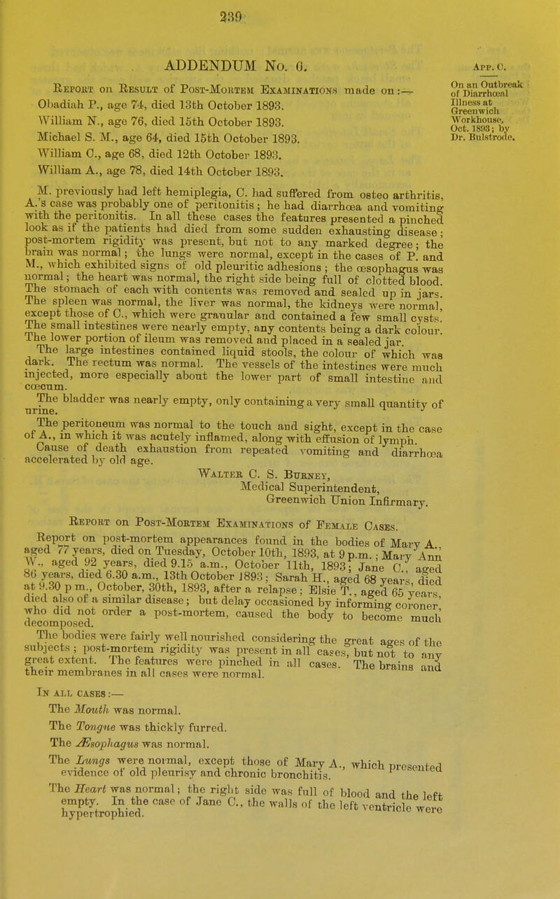 339: ADDENDUM No. (L Repout on Eesuix of Post-Mohxem Examinations made on ir^ Obadiiih P., age 74, died 13th October 1893. William N., age 76, died 16th October 1893. Michael S. M., age 64, died 15th October 1893. William 0., age 68, died 12th Octobei- 1893. William A., age 78, died 14th October 1893. M. previously had left hemiplegia, C. had suffered from osteo arthritis, A.'s case was probably one of peritonitis ; he had diarrhoea and vomiting with the peritonitis. In all these cases the features presented a pinched look as if the patients had died from some sudden exhausting disease; post-mortem rigidity- was present, but not to any marked degree; the brain w;as normal; the lungs were normal, except in the cases of P.' and M., which exhibited signs of old pleuritic adhesions ; the oesophagus was normal; the heart was normal, the right side being full of clotted blood. The stomach of each with contents was removed and sealed up in jars' The spleen was normal, the liver was normal, the kidneys were normal' except those of 0., which were granular and contaiaed a few small cysts' The small intestines were nearly empty, any contents being a dark colour, ihe lower portion of ileum was removed and placed in a sealed jar The large intestines contained liquid stools, the colour of which was dark. The rectum was normal. The vessels of the intestines were much injected, more especially about the lower part of small intestine and ccecum. n^ne ^^^^^'^^ nearly empty, only containing a very small quantity of The peritoneum was normal to the touch aud sight, except in the case ot A., m which it was acutely inflamed, along with effusion of lymph Gause of death exhaustion from repeated vomiting and diarrhoea accelerated by old age. WaLTEB. 0. S. BUENEY, Medical Superintendent, Greenwich Union Infirmary. Eeport on PosT-MoRTEM Examinations of Female Cases. Report on post-mortem appearances found in the bodies of Marv A aged 77 years, died on Tuesday, October 10th, 1893, at 9 p.m.; Mary Anii \\ aged 92 years, died 9.15 a.m., October 11th, 1893] Jane C ae-ed 80 years, died 6.30 a.m., 13th October J893 ; Sarah H., aged 68 vea^s led at 9 30 pm October, 30th, 1893, after a relapse ; Elsie T! ager65 yeai^ died also of a similar disease; but delay occasioned by informing coroner' decomposed ° * post-mortem, caused the body to become much The bodies were fairly well nourished considering the great a^^es of tho subjects ; post-mortem rigiditj^ was present in all cases^ but no't 'to nnv great extent. Ihe features were pinched in all cases. The brains ind their membranes m all cases were normal. In all cases :— The Mouth was normal. The Tongue was thickly furred. The Esophagus was normal. App. 0. On an Outbreak of Diarrha-iil Illness at Greenwicli VVorkhousc, Oct. 1893: by Dr. Bulstroao. The Lvmgs were normal, except those of Mary A. evidence of old pleurisy and chronic bronchitis. which presented The Heart was normal; the right side was full of blood and thfi lAff hypertrojhied. ^^ ^ ^^^ ventricle were