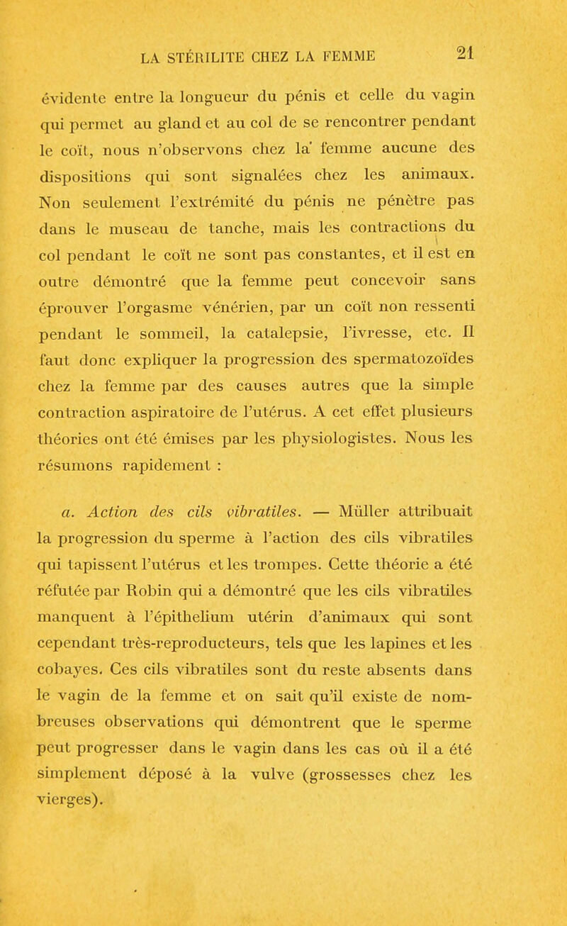 évidente entre la longueur du pénis et celle du vagin qui permet au gland et au col de se rencontrer pendant le coït, nous n'observons chez la femme aucune des dispositions qui sont signalées chez les animaux. Non seulement l'extrémité du pénis ne pénètre pas dans le museau de tanche, mais les contractions du col pendant le coït ne sont pas constantes, et il est en outre démontré que la femme peut concevoir sans éprouver l'orgasme vénérien, par un coït non ressenti pendant le sommeil, la catalepsie, l'ivresse, etc. Il faut donc expliquer la progression des spermatozoïdes chez la femme par des causes autres que la simple contraction aspiratoire de l'utérus. A cet effet plusieurs théories ont été émises par les physiologistes. Nous les résumons rapidement : a. Action des cils vibratiles. — Mûller attribuait la progression du sperme à l'action des cils vibratiles qui tapissent l'utérus et les trompes. Cette théorie a été réfutée par Robin qui a démontré que les cils vibratiles manquent à l'épithelium utérin d'animaux qui sont cependant très-reproducteurs, tels que les lapines et les cobayes. Ces cils vibratiles sont du reste absents dans le vagin de la femme et on sait qu'il existe de nom- breuses observations qui démontrent que le sperme peut progresser dans le vagin dans les cas où il a été simplement déposé à la vulve (grossesses chez les vierges).