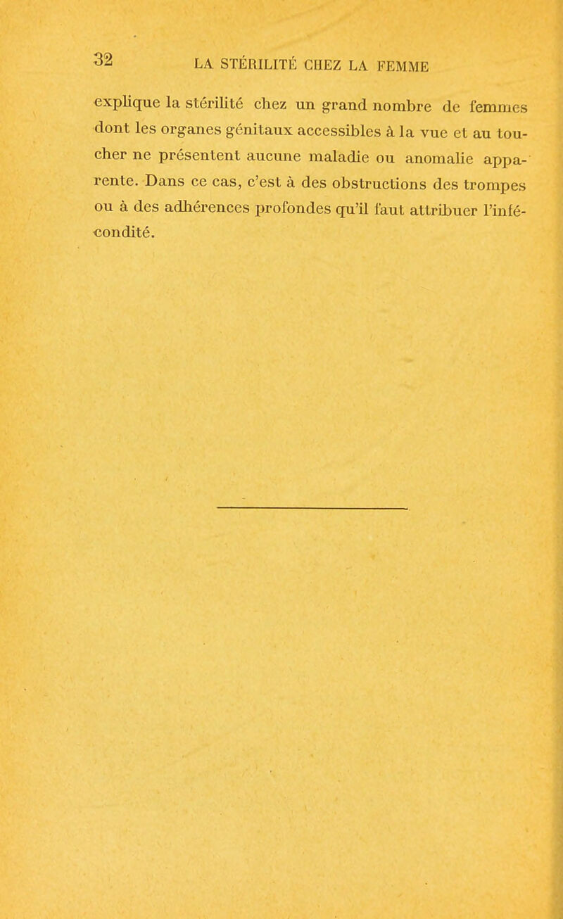 explique la stérilité chez un grand nombre de femmes dont les organes génitaux accessibles à la vue et au tou- cher ne présentent aucune maladie ou anomalie appa- rente. Dans ce cas, c'est à des obstructions des trompes ou à des adhérences profondes qu'il faut attribuer l'infé- condité.