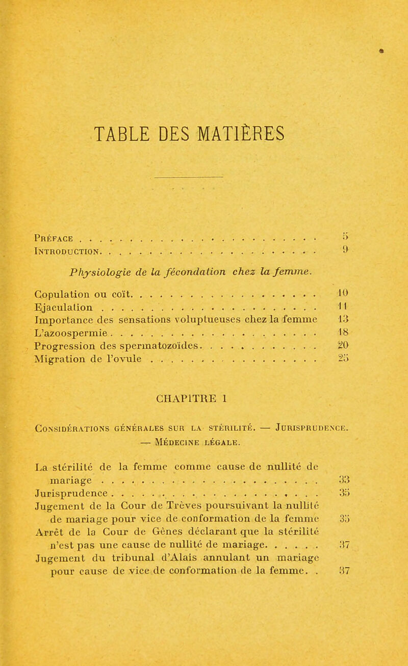 TABLE DES MATIÈRES Préface •> Introduction 9 Physiologie de la fécondation chez la femme. Copulation ou coït 10 Ejaculalion 1 ! Importance des sensations voluptueuses chez la femme 13 L'azoospermie IH Progression des spermatozoïdes 20 Migration de l'ovule 2ii CHAPITRE 1 Considérations générales sur la stérilité. — Jurisprudence. — médecine légale. La stérilité de la femme comme cause de nullité de mariage 33 Jurisprudence . 35 Jugement de la Cour de Trêves poursuivant la nullité de mariage pour vice de conformation de la femme 3ii Arrêt de la Cour de Gènes déclarant que la stérilité n'est pas une cause de nullité de mariage IÎ7 Jugement du tribunal d'Alais annulant un mariage pour cause de vice de conformation de la femme. . 87