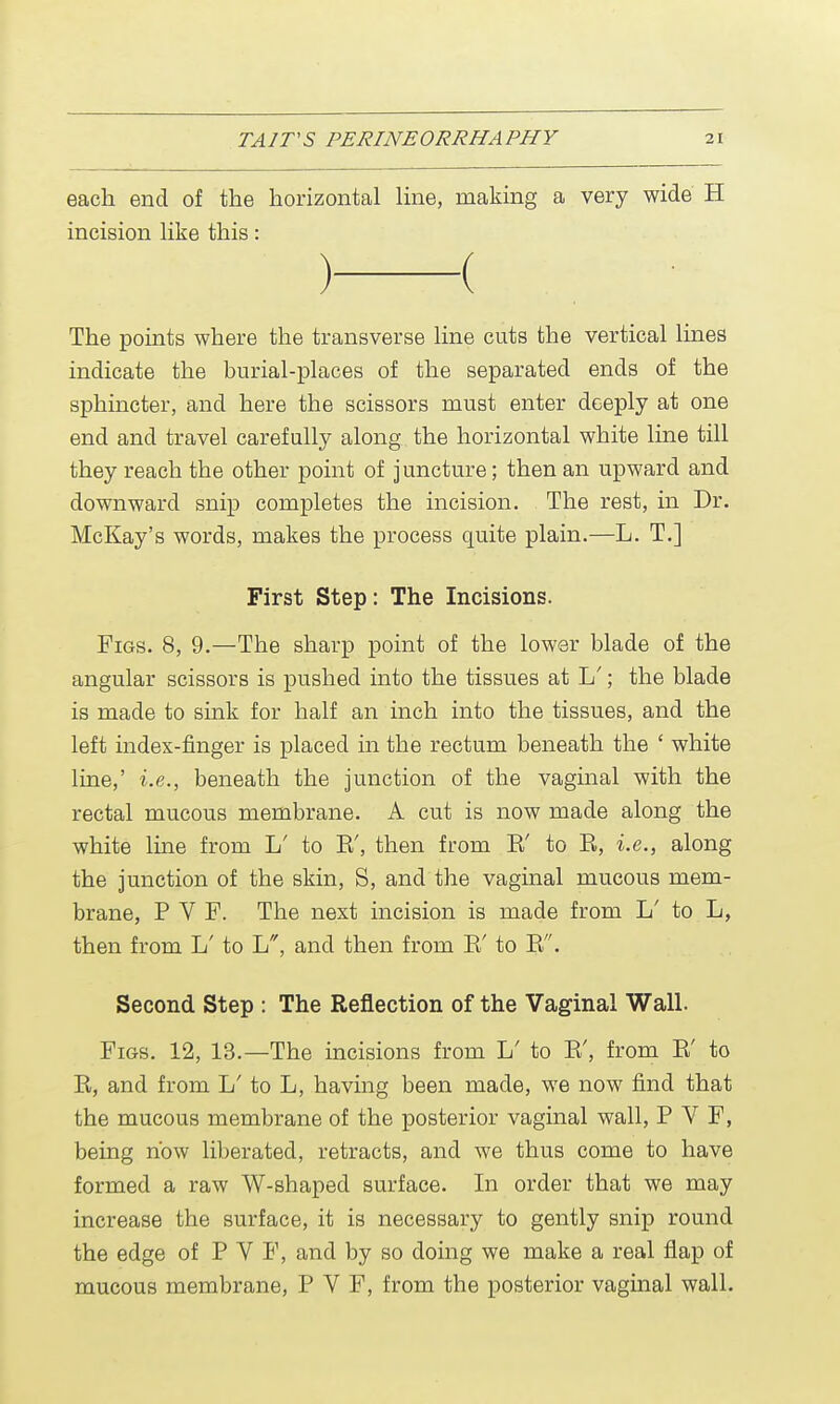 each end of the horizontal line, making a very wide H incision like this: ) ( The points where the transverse line cuts the vertical lines indicate the burial-places of the separated ends of the sphincter, and here the scissors must enter deeply at one end and travel carefully along the horizontal white line till they reach the other point of juncture; then an upward and downward snip completes the incision. The rest, in Dr. McKay's words, makes the process quite plain.—L. T.] First Step: The Incisions. Figs. 8, 9.—The sharp point of the lower blade of the angular scissors is pushed into the tissues at L'; the blade is made to sink for half an inch into the tissues, and the left index-finger is placed in the rectum beneath the ' white line,' i.e., beneath the junction of the vaginal with the rectal mucous membrane. A cut is now made along the white line from L' to K', then from E' to E, i.e., along the junction of the skin, S, and the vaginal mucous mem- brane, P V F. The next incision is made from L' to L, then from L' to L, and then from E' to E. Second Step : The Reflection of the Vaginal Wall. Figs. 12, 13.—The incisions from 1/ to E', from E' to E, and from L' to L, having been made, we now find that the mucous membrane of the posterior vaginal wall, P V F, being how liberated, retracts, and we thus come to have formed a raw W-shaped surface. In order that we may increase the surface, it is necessary to gently snip round the edge of P V F, and by so doing we make a real flap of