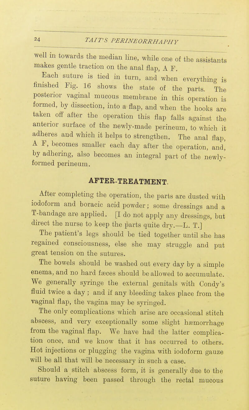 well in towards the median line, while one of the assistants makes gentle traction on the anal flap, A F. Each suture is tied in turn, and'when everything is finished Fig. 16 shows the state of the parts. The posterior vaginal mucous membrane in this operation is formed, by dissection, into a flap, and when the hooks are taken off after the operation this flap falls against the anterior surface of the newly-made perineum, to which it adheres and which it helps to strengthen. The anal flap, A F, becomes smaller each day after the operation, and] by adhering, also becomes an integral part of the newly- formed perineum. AFTER-TREATMENT. After completing the operation, the parts are dusted with iodoform and boracic acid powder; some dressings and a T-bandage are applied. [I do not apply any dressings, but direct the nurse to keep the parts quite dry.—L. T.] The patient's legs should be tied together until she has regained consciousness, else she may struggle and put great tension on the sutures. The bowels should be washed out every day by a simple enema, and no hard faeces should be allowed to accumulate. We generally syringe the external genitals with Condy's fluid twice a day ; and if any bleeding takes place from the vaginal flap, the vagina may be syringed. The only complications which arise are occasional stitch abscess, and very exceptionally some slight haemorrhage from the vaginal flap. We have had the latter complica- tion once, and we know that it has occurred to others. Hot injections or plugging the vagina with iodoform gauze will be all that will be necessary in such a case. Should a stitch abscess form, it is generally due to the suture having been passed through the rectal mucous