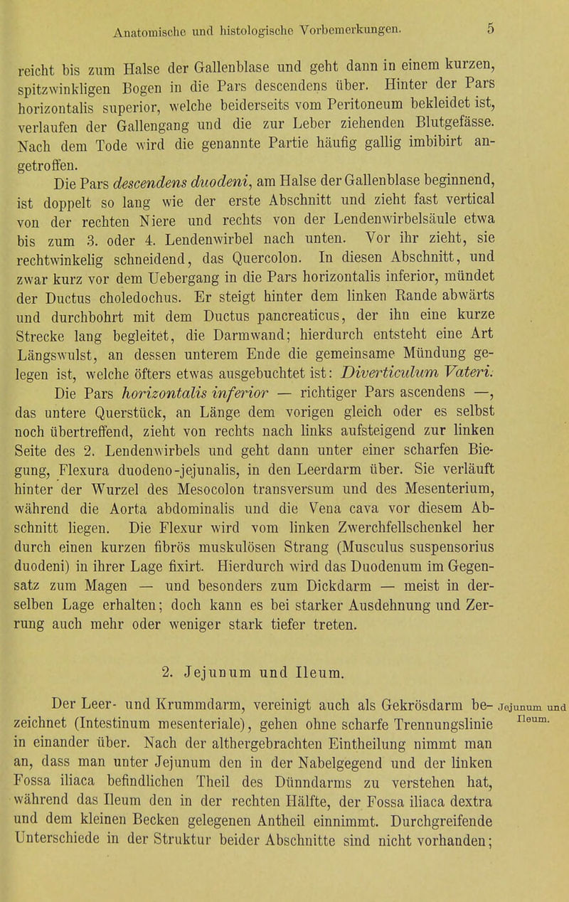 reicht bis zum Halse der Gallenblase und geht dann in einem kurzen, spitzwinkligen Bogen in die Pars descendens über. Hinter der Pars horizontalis superior, welche beiderseits vom Peritoneum bekleidet ist, verlaufen der Gallengang und die zur Leber ziehenden Blutgefässe. Nach dem Tode wird die genannte Partie häufig gallig imbibirt an- getroffen. Die Pars descendens duodeni, am Halse der Gallenblase beginnend, ist doppelt so lang wie der erste Abschnitt und zieht fast vertical von der rechten Niere und rechts von der Lendenwirbelsäule etwa bis zum 3. oder 4. Lendenwirbel nach unten. Vor ihr zieht, sie rechtwinkelig schneidend, das Quercolon. In diesen Abschnitt, und zwar kurz vor dem Uebergang in die Pars horizontalis inferior, mündet der Ductus choledochus. Er steigt hinter dem linken Rande abwärts und durchbohrt mit dem Ductus pancreaticus, der ihn eine kurze Strecke lang begleitet, die Darmwand; hierdurch entsteht eine Art Längswulst, an dessen unterem Ende die gemeinsame Mündung ge- legen ist, welche öfters etwas ausgebuchtet ist: Diverticulum Vateri. Die Pars horizontalis inferior — richtiger Pars ascendens —, das untere Querstück, an Länge dem vorigen gleich oder es selbst noch übertreffend, zieht von rechts nach links aufsteigend zur linken Seite des 2. Lendenwirbels und geht dann unter einer scharfen Bie- gung, Flexura duodeno-jejunalis, in den Leerdarm über. Sie verläuft hinter der Wurzel des Mesocolon transversum und des Mesenterium, während die Aorta abdominalis und die Vena cava vor diesem Ab- schnitt liegen. Die Flexur wird vom linken Zwerchfellschenkel her durch einen kurzen fibrös muskulösen Strang (Musculus suspensorius duodeni) in ihrer Lage fixirt. Hierdurch wird das Duodenum im Gegen- satz zum Magen — und besonders zum Dickdarm — meist in der- selben Lage erhalten; doch kann es bei starker Ausdehnung und Zer- rung auch mehr oder weniger stark tiefer treten. 2. Jejunum und Ileum. Der Leer- und Krummdarm, vereinigt auch als Gekrösdarm be- Jejunum und zeichnet (Intestinum mesenteriale), gehen ohne scharfe Trennungslinie Ileum- in einander über. Nach der althergebrachten Eintheilung nimmt man an, dass man unter Jejunum den in der Nabelgegend und der linken Fossa iliaca befindlichen Theil des Dünndarms zu verstehen hat, während das Ileum den in der rechten Hälfte, der Fossa iliaca dextra und dem kleinen Becken gelegenen Antheil einnimmt. Durchgreifende Unterschiede in der Struktur beider Abschnitte sind nicht vorhanden;