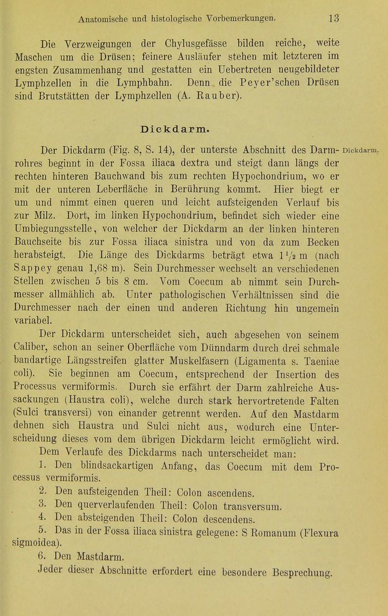 Die Verzweigungen der Chylusgefässe bilden reiche, weite Maschen um die Drüsen; feinere Ausläufer stehen mit letzteren im engsten Zusammenhang und gestatten ein Uehertreten neugebildeter Lymphzellen in die Lymphbahn. Denn die Peyer'schen Drüsen sind Brutstätten der Lymphzellen (A. Rauber). Dickdarm. Der Dickdarm (Fig. 8, S. 14), der unterste Abschnitt des Darm- Dickdarm, rohres beginnt in der Fossa iliaca dextra und steigt dann längs der rechten hinteren Bauchwand bis zum rechten Hypochondrium, wo er mit der unteren Leberfläche in Berührung kommt. Hier biegt er um und nimmt einen queren und leicht aufsteigenden Verlauf bis zur Milz. Dort, im linken Hypochondrium, befindet sich wieder eine Umbiegungsstelle, von welcher der Dickdarm an der linken hinteren Bauchseite bis zur Fossa iliaca sinistra und von da zum Becken herabsteigt. Die Länge des Dickdarms beträgt etwa 1l(% m (nach Sappey genau 1,68 m). Sein Durchmesser wechselt an verschiedenen Stellen zwischen 5 bis 8 cm. Vom Coecum ab nimmt sein Durch- messer allmählich ab. Unter pathologischen Verhältnissen sind die Durchmesser nach der einen und anderen Richtung hin ungemein variabel. Der Dickdarm unterscheidet sich, auch abgesehen von seinem Caliber, schon an seiner Oberfläche vom Dünndarm durch drei schmale bandartige Längsstreifen glatter Muskelfasern (Ligamenta s. Taeniae coli). Sie beginnen am Coecum, entsprechend der Insertion des Processus vermiformis. Durch sie erfährt der Darm zahlreiche Aus- sackungen (Haustra coli), welche durch stark hervortretende Falten (Sulci transversi) von einander getrennt werden. Auf den Mastdarm dehnen sich Haustra und Sulci nicht aus, wodurch eine Unter- scheidung dieses vom dem übrigen Dickdarm leicht ermöglicht wird. Dem Verlaufe des Dickdarms nach unterscheidet man: 1. Den blindsackartigen Anfang, das Coecum mit dem Pro- cessus vermiformis. 2. Den aufsteigenden Theil: Colon ascendens. 3. Den querverlaufenden Theil: Colon transversum. 4. Den absteigenden Theil: Colon descendens. 5. Das in der Fossa iliaca sinistra gelegene: S Romanum (Flexura sigmoidea). 6. Den Mastdarm. Jeder dieser Abschnitte erfordert eine besondere Besprechung.