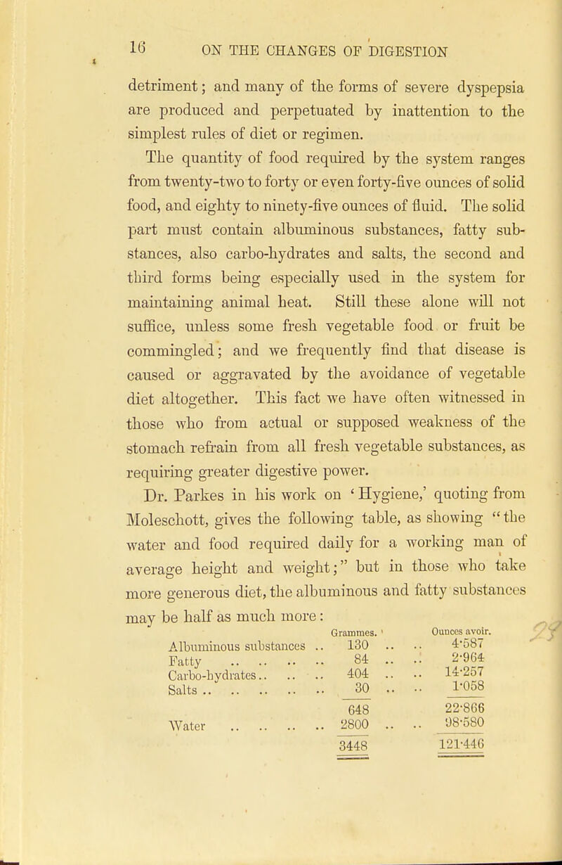 detriment; and many of tlie forms of severe dyspepsia are produced and perpetuated by inattention to the simplest rules of diet or regimen. Tlie quantity of food required by the system ranges from twenty-two to forty or even forty-five ounces of solid food, and eighty to ninety-five ounces of fluid. The solid part must contain albuminous substances, fatty sub- stances, also carbo-hydrates and salts, the second and third forms being especially used in the system for mamtaining animal heat. Still these alone will not suffice, unless some fresh vegetable food or fruit be commingled; and we frequently find that disease is caused or aggravated by the avoidance of vegetable diet altogether. This fact we have often witnessed in those who from actual or supposed weakness of the stomach refrain from all fresh vegetable substances, as requiring greater digestive power. Dr. Parkes in his work on ' Hygiene,' quoting from Moleschott, gives the following table, as showing  the water and food required daily for a working man of average height and weight; but in those who take more generous diet, the albuminous and fatty substances may be half as much more: Grammes. ' Ounces avoir. Albuminous substances .. 130 .. .. 4'587 Fatty 84 .. .. 2-964 Carbo-bydrates 404 .. .. 14-2o7 Salts _30 .. .. 1-058 648 22-866 Water ^800 .. .. 08-580 3448 121-446