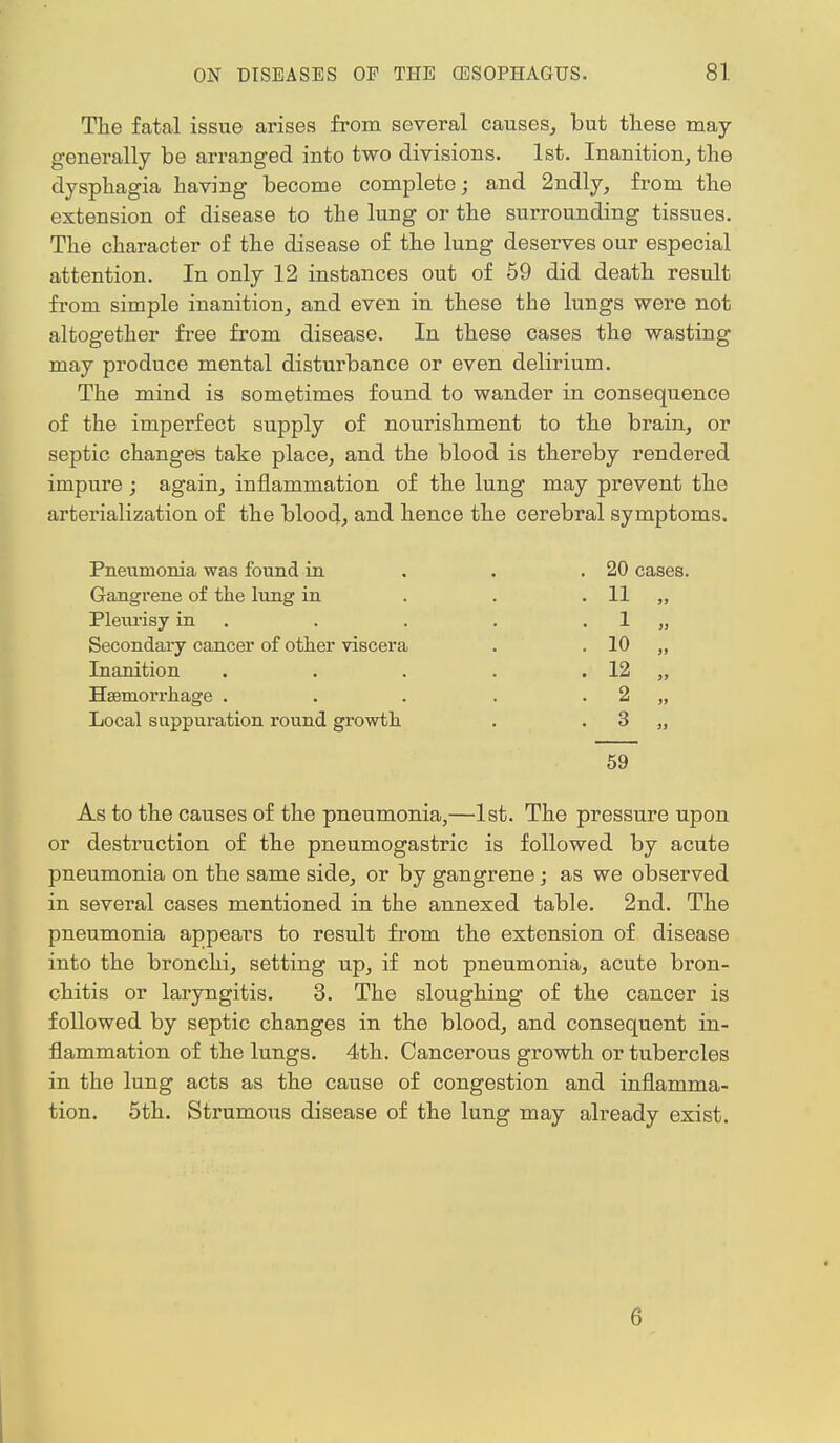 The fatal issue arises from several causes, but these may generally be arranged into two divisions. 1st. Inanition, the dysphagia having become complete; and 2ndly, from the extension of disease to the lung or the surrounding tissues. The character of the disease of the lung deserves our especial attention. In only 12 instances out of 59 did death result from simple inanition, and even in these the lungs were not altogether free from disease. In these cases the wasting may produce mental disturbance or even delirium. The mind is sometimes found to wander in consequence of the imperfect supply of nourishment to the brain, or septic changes take place, and the blood is thereby rendered impure ; again, inflammation of the lung may prevent the arterialization of the blood, and hence the cerebral symptoms. Pneumonia was found in . . .20 cases. Gangi'ene of the lung in . . . 11 „ Pleurisy in . . . 1 „ Secondary cancer of other viscera . . 10 „ Inanition . . . . . 12 „ Haemorrhage . . . . 2 „ Local suppuration round growth . 3 „ 59 As to the causes of the pneumonia,—1st. The pressure upon or destruction of the pneumogastric is followed by acute pneumonia on the same side, or by gangrene j as we observed in several cases mentioned in the annexed table. 2nd. The pneumonia appears to result from the extension of disease into the bronchi, setting up, if not pneumonia, acute bron- chitis or laryngitis. 3. The sloughing of the cancer is followed by septic changes in the blood, and consequent in- flammation of the lungs. 4th. Cancerous growth or tubercles in the lung acts as the cause of congestion and inflamma- tion. 5th. Strumous disease of the lung may already exist. 6