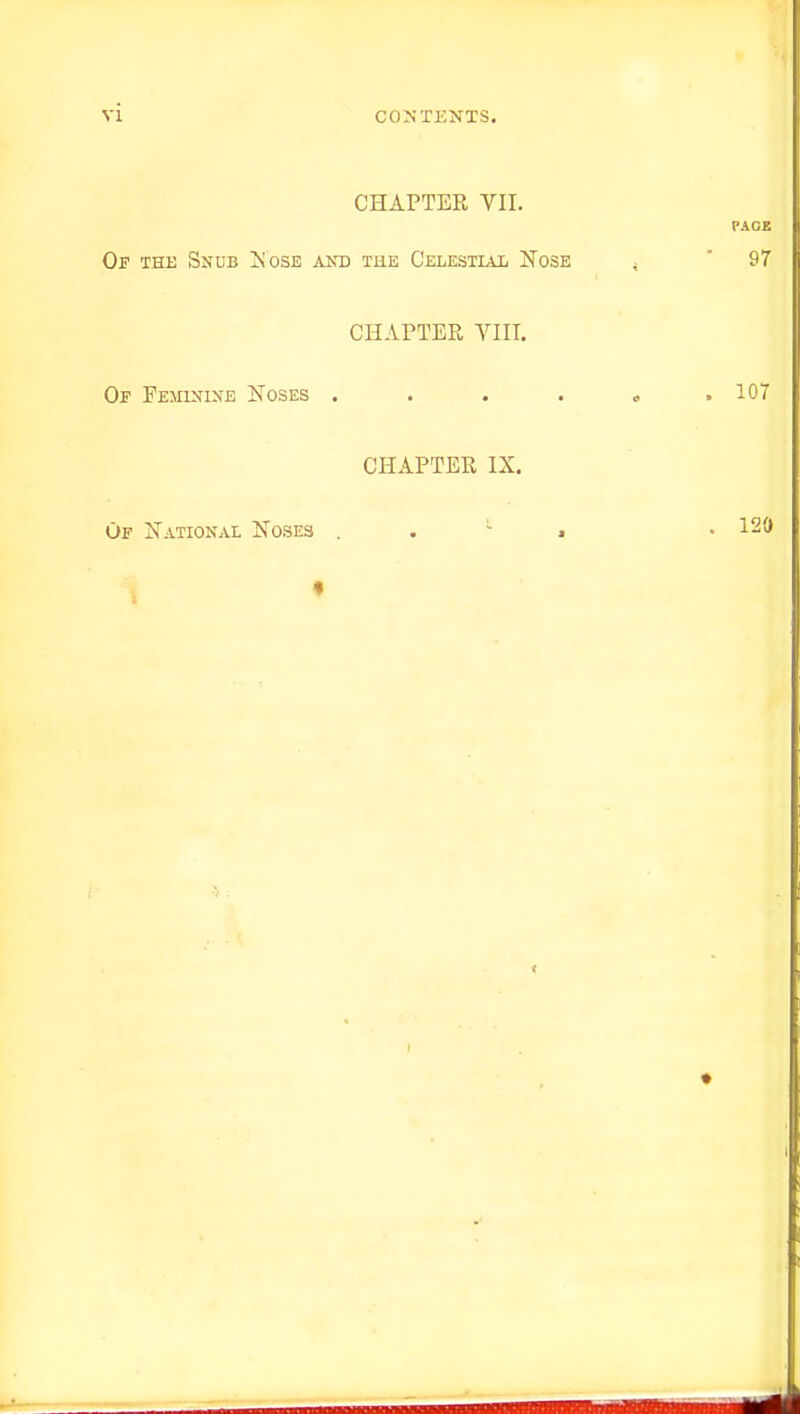 CHAPTER YII. Of the Snub I^ose akd the Celestial Nose CHAPTER VHT. Of Peiuxine Noses .... CHAPTER IX. Of National Noses . . - j