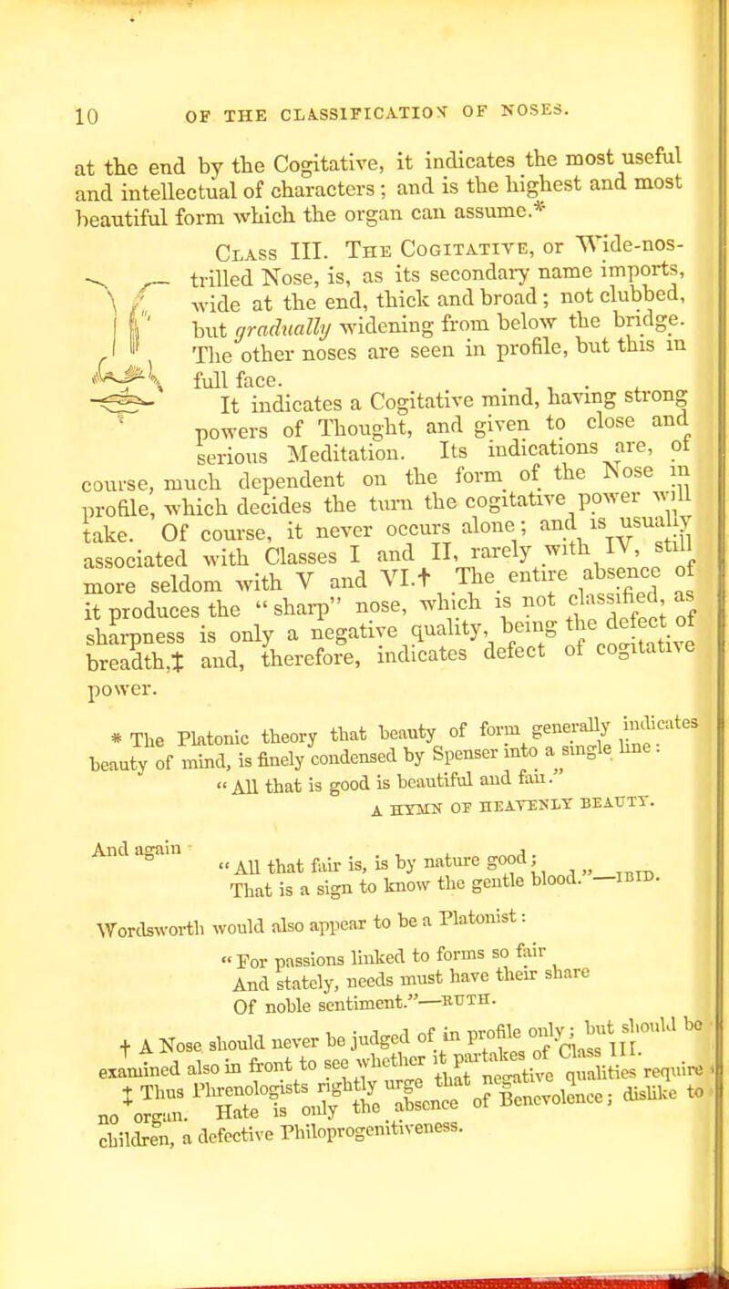 at the end by the Cogitative, it indicates the most useful and intellectual of characters; and is the highest and most beautiful form which the organ can assume.* Class III. The Cogitative, or Wide-nos- trilled Nose, is, as its secondary name imports, wide at the end, thick and broad; not clubbed, but gradually widening from below the bridge. Tlie other noses are seen in profile, but this in full face. . , , . It indicates a Cogitative mmd, havmg strong powers of Thought, and given to close and serious Meditation. Its indications are, ot course, much dependent on the form_ of the Nose m profile, which decides the tuiii the cogitative power wiU take. Of course, it never occurs alone ; and is usuaU} associated with Classes I and II, rarely with IV, still more seldom with V and VI.+ The_ entire absence of it produces the  shai-p nose, which is not classified as sharpness is only a negative quality being the de^^^^^^^^ breadth,t and, therefore, indicates defect of cogitative power. * The PMonic theory that beauty of form generally hulicates beauty of inmd, is finely condensed by Spenser mto a smgle hne . 'All that is good is beautiful and fail. A HXMN OF HEAVEKLT BEAUTT. And again All that fair is, is by nature good; That is a sign to know the gentle blood, -ibid. Wordsworth would also appear to be a Platonist:  For passions linked to forms so fiiir And stately, needs must have their share Of noble sentiment.—buth. t A Nose should never be judged of in V^o^l^^^^^^'^^'' ^ examined also in front to see whether ^'^^ quditte re<iui« ^tStt^^XroflSvolLe. .slil. to children, a defective Philoprogenitiveness.