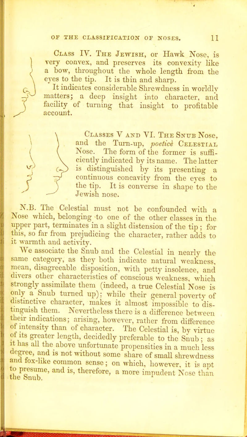 Class IV. The Jewish, or Hawk Nose, is very convex, and preserves its convexity like a bow, throughout the whole length from the eyes to the tip. It is thin and sharp. It indicates considerable Shrewdness in worldly matters; a deep insight into character, ancl facility of turning that insight to profitable accomit. )Classes V and VI. The Snub Nose, and the Tmn-up, poetice Celestial Nose. The form of the former is suffi- ciently indicated by its name. The latter is distinguished l3y its presenting a continuous concavity from the eyes to the tip. It is converse in shape to the Jewish nose. N.B. The Celestial must not be confounded with a Nose which, belonging to one of the other classes in the upper part, terminates in a slight distension of the tip : for this, so far from prejudicing the character, rather adds to it wai-mth and activity. We associate the Snub and the Celestial in nearly the same category, as they both indicate natural weakness, mean, disagreeable disposition, with petty insolence, and divers other characteristics of conscious weakness, Avhich strongly assimilate them (indeed, a true Celestial Nose is only a Snub turned up): while their general poverty of distmctive character, makes it almost impossible to dis- tmguish them. Nevertheless there is a difference between theu- indications; arising, however, rather from difference of intensity than of character. The Celestial is, by virtue ot Its greater length, decidedly preferable to the Snub; as It has all the above unfortimate propensities in a much less degree, and is not without some share of small shrewdness and lox-like common sense; on which, however, it is apt t° Ps^^^^' ^^'^ tlierefore, a more impudent Nose than