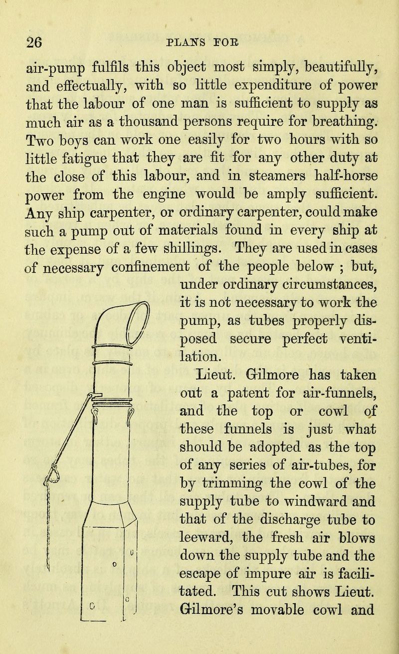 air-pump fulfils this object most simply, beautifully, and effectually, with, so little expenditure of power that the labour of one man is sufficient to supply as much air as a thousand persons require for breathing. Two boys can work one easily for two hours with so little fatigue that they are fit for any other duty at the close of this labour, and in steamers half-horse power from the engine would be amply sufficient. Any ship carpenter, or ordinary carpenter, could make such a pump out of materials found in every ship at the expense of a few shillings. They are used in cases of necessary confinement of the people below ; but, under ordinary circumstances, it is not necessary to work the pump, as tubes properly dis- posed secure perfect venti- lation. Lieut. G-ilmore has taken out a patent for air-funnels, and the top or cowl of these funnels is just what should be adopted as the top of any series of air-tubes, for by trimming the cowl of the supply tube to windward and that of the discharge tube to leeward, the fresh air blows down the supply tube and the escape of impure air is facili- tated. This cut shows Lieut. G-ilmore's movable cowl and