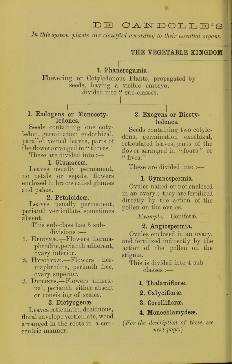 IDE CAITDOLLE'S In this system plants are classified according to their essential organs. THE VEGETABLE KINGDOM I. Phanerogamia. Flowering or Cotyledonous Plants, propagated by seeds, having a visible embryo, divided into 2 sub-classes. I 1. Endogens or Monocoty- ledones. Seeds containing one coty- ledon, germination endorbizal, parallel veined leaves, parts of the flower arranged in  threes. These are divided into :— 1. Glumacese. Leaves usually permanent, no petals or sepals, flowers enclosed in bracts called glumes and paleae. 2. Petaloideae. Leaves usually permanent, perianth verticillate, sometimes absent. This sub-class has 3 sub- divisions :— 1. Epigyn.33.—Flowers herma- phrodite,perianth adherent, ovary inferior. 2. Hypogyn^:.—Flowers her- maphrodite, perianth free, ovary superior. 3. Diclines.—Flowers unisex- ual, perianth either absent or consisting of scales. 3. Dictyogenae. Leaves reticulated,deciduous, floral envelope verticillate, wood arranged in the roots in a con- centric manner. 2. Exogens or Dicoty- ledones. Seeds containing two cotyle- dons, germination exorhizal, reticulated leaves, parts of the flower arranged in  fours  or  fives. These are divided into :— 1. Gymnospermia. Ovules naked or not enclosed in an ovary ; they are fertilized directly by the action of the pollen on the ovules. Example.—Coniferae. 2. Angiospermia. Ovules enclosed in an ovary, and fertilized indirectly by the action of the pollen on the stigma. This is divided into 4 sub- classes :— 1. Thalamiflorae. 2. Calycinorae. 3. Corolliflorse. 4. Monochlamydeae. (For the description of these, see next page.)