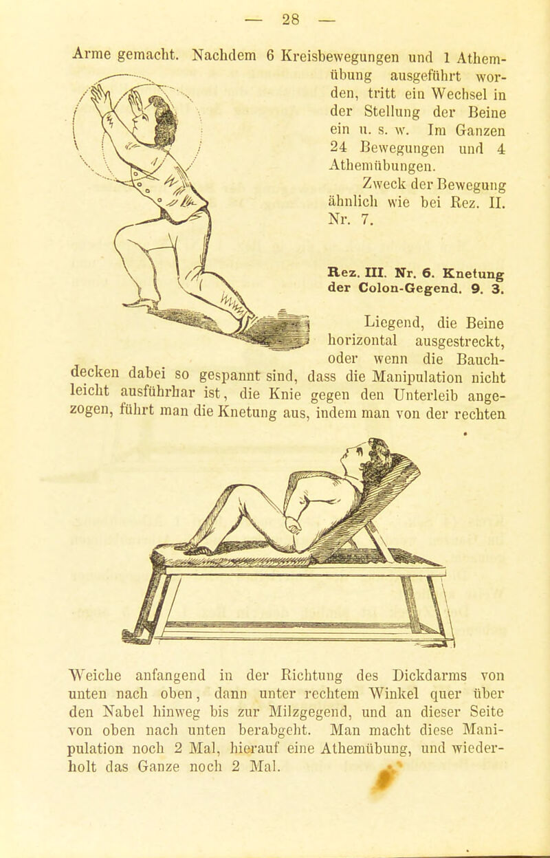 Arme gemacht. Nachdem 6 Kreisbewegungen und 1 Athem- übung ausgeführt wor- den, tritt ein Wechsel in der Stellung der Beine ein u. s. w. Im Ganzen 24 Bewegungen und 4 Athemübungen. Zweck der Bewegung ähnlich wie bei Kez. II. Nr. 7. Rez. III. Nr. 6. Knetung der Colon-Gegend. 9. 3. Liegend, die Beine horizontal ausgestreckt, oder wenn die Bauch- decken dabei so gespannt sind, dass die Manipulation nicht leicht ausführbar ist, die Knie gegen den Unterleib ange- zogen, führt man die Knetung aus, indem man von der rechten Weiche anfangend in der Richtung des Dickdarms von unten nach oben, dann unter rechtem Winkel quer über den Nabel hinweg bis zur Milzgegend, und an dieser Seite von oben nach unten berabgeht. Man macht diese Mani- pulation noch 2 Mal, hierauf eine Athemübung, und wieder- holt das Ganze noch 2 Mal. •'•