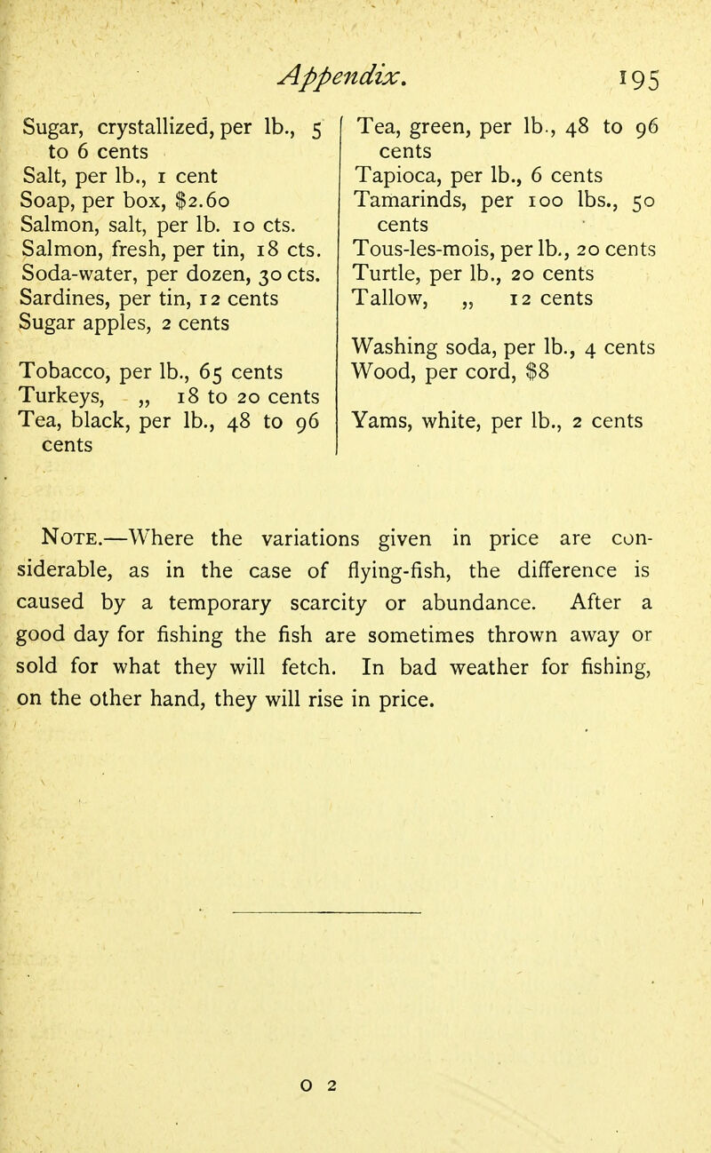 Sugar, crystallized, per lb., 5 to 6 cents Salt, per lb., 1 cent Soap, per box, $2.60 Salmon, salt, per lb. 10 cts. Salmon, fresh, per tin, 18 cts. Soda-water, per dozen, 30 cts. Sardines, per tin, 12 cents Sugar apples, 2 cents Tobacco, per lb., 65 cents Turkeys, „ 18 to 20 cents Tea, black, per lb., 48 to 96 cents Tea, green, per lb., 48 to 96 cents Tapioca, per lb., 6 cents Tamarinds, per 100 lbs., 50 cents Tous-les-mois, per lb., 20 cents Turtle, per lb., 20 cents Tallow, „ 12 cents Washing soda, per lb., 4 cents Wood, per cord, $8 Yams, white, per lb., 2 cents Note.—Where the variations given in price are con- siderable, as in the case of flying-fish, the difference is caused by a temporary scarcity or abundance. After a good day for fishing the fish are sometimes thrown away or sold for what they will fetch. In bad weather for fishing, on the other hand, they will rise in price. o 2