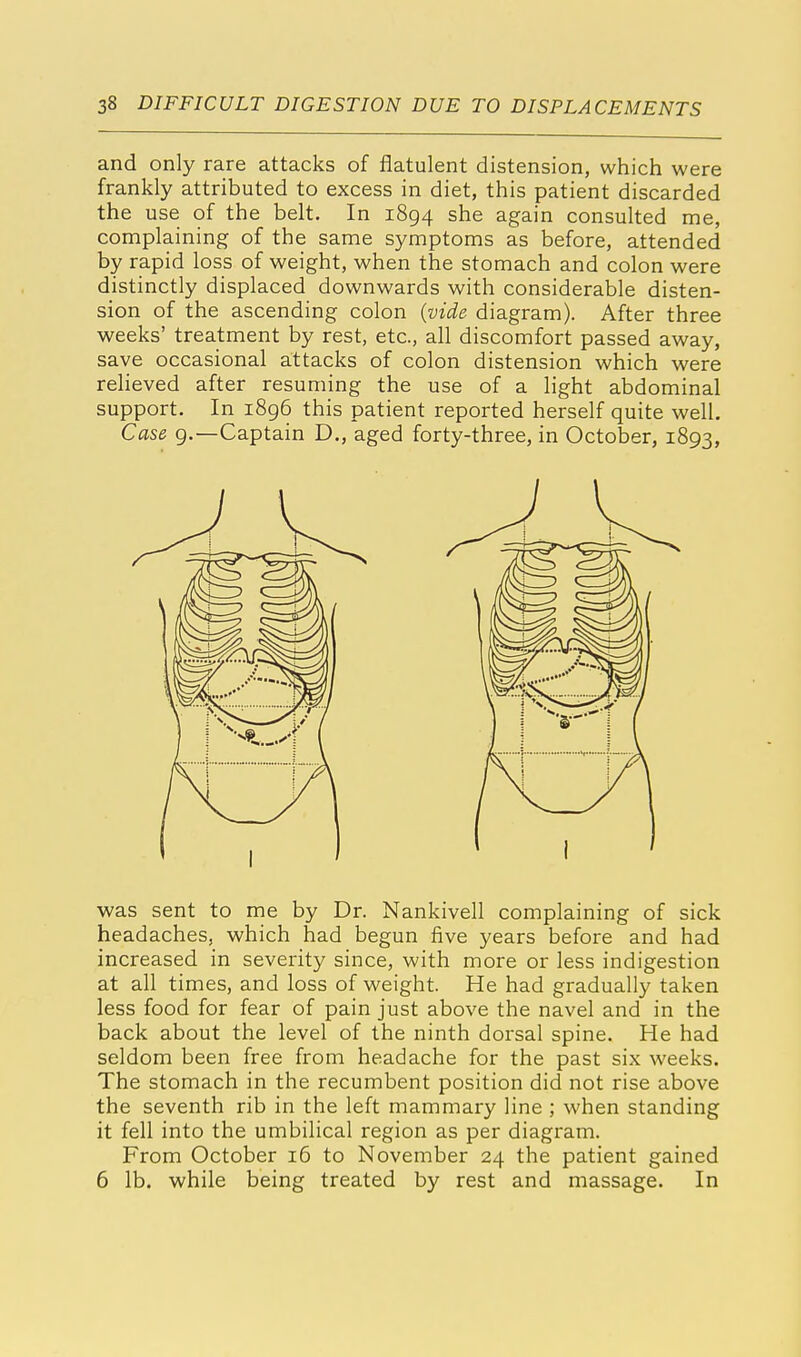 and only rare attacks of flatulent distension, which were frankly attributed to excess in diet, this patient discarded the use of the belt. In 1894 she again consulted me, complaining of the same symptoms as before, attended by rapid loss of weight, when the stomach and colon were distinctly displaced downwards with considerable disten- sion of the ascending colon (vide diagram). After three weeks' treatment by rest, etc., all discomfort passed away, save occasional attacks of colon distension which were relieved after resuming the use of a light abdominal support. In 1896 this patient reported herself quite well. Case 9.—Captain D., aged forty-three, in October, 1893, was sent to me by Dr. Nankivell complaining of sick headaches, which had begun five years before and had increased in severity since, with more or less indigestion at all times, and loss of weight. He had gradually taken less food for fear of pain just above the navel and in the back about the level of the ninth dorsal spine. He had seldom been free from headache for the past six weeks. The stomach in the recumbent position did not rise above the seventh rib in the left mammary line ; when standing it fell into the umbilical region as per diagram. From October 16 to November 24 the patient gained 6 lb. while being treated by rest and massage. In
