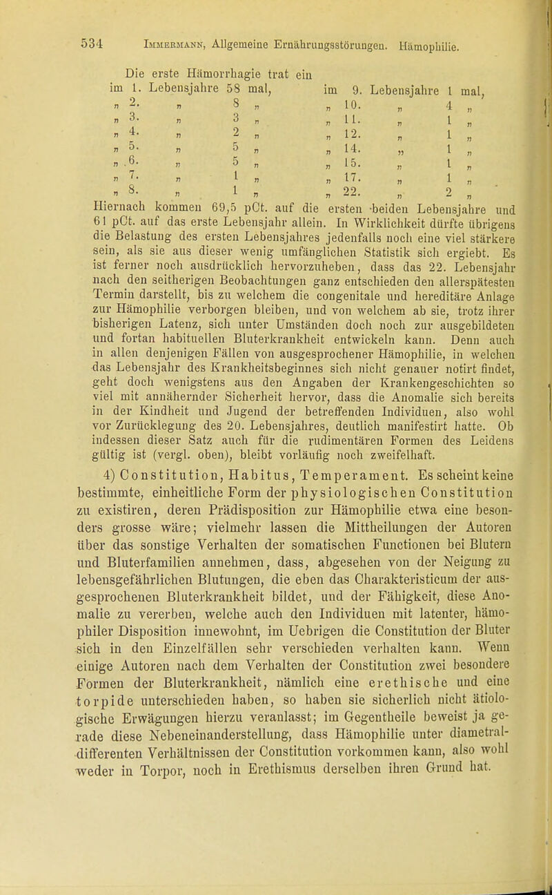 Die erste Hämorrhagie trat ein im 1. Lebensjahre 58 mal, im 9. Lebensjahre 1 mal, » 2>  8 » n 10. „ 4 „ n 3. „ 3 „ „11. „ 1 „ » 4' » 2 n » 12. „ 1 „ » 5- 5 » » 14. 1 „ » -6> 5 » „ 15. „ t „  7l  1 » »17. „ 1 „ » 8- 1 » » 22. 2 n Hiernach kommen 69,5 pOt. auf die ersten beiden Lebensjahre und 61 pCt. auf das erste Lebensjahr allein. In Wirklichkeit dürfte übrigens die Belastung des ersten Lebensjahres jedenfalls noch eine viel stärkere sein, als sie aus dieser wenig umfänglichen Statistik sich ergiebt. Es ist ferner noch ausdrücklich hervorzuheben, dass das 22. Lebensjahr nach den seitherigen Beobachtungen ganz entschieden den allerspätesten Termin darstellt, bis zu welchem die congenitale und hereditäre Anlage zur Hämophilie verborgen bleiben, und von welchem ab sie, trotz ihrer bisherigen Latenz, sich unter Umständen doch noch zur ausgebildeten und fortan habituellen Bluterkrankheit entwickeln kann. Denn auch in allen denjenigen Fällen von ausgesprochener Hämophilie, in welchen das Lebensjahr des Krankheitsbeginnes sich nicht genauer notirt findet, geht doch wenigstens aus den Angaben der Krankengeschichten so viel mit annähernder Sicherheit hervor, dass die Anomalie sich bereits in der Kindheit und Jugend der betreffenden Individuen, also wohl vor Zurücklegung des 20. Lebensjahres, deutlich manifestirt hatte. Ob indessen dieser Satz auch für die rudimentären Formen des Leidens gültig ist (vergl. oben), bleibt vorläufig noch zweifelhaft. 4) Constitution, Habitus, Temperament. Es scheint keine bestimmte, einheitliche Form der physiologischen Constitution zu existiren, deren Prädisposition zur Hämophilie etwa eine beson- ders grosse wäre; vielmehr lassen die Mittheilungen der Autoren über das sonstige Verhalten der somatischen Functionen bei Blutern und Bluterfamilien annehmen, dass, abgesehen von der Neigimg zu lebensgefährlichen Blutungen, die eben das Charakteristicum der aus- gesprochenen Bluterkrankheit bildet, und der Fähigkeit, diese Ano- malie zu vererben, welche auch den Individuen mit latenter, hämo- philer Disposition innewohnt, im Uebrigen die Constitution der Bluter sich in den Einzelfällen sehr verschieden verhalten kann. Wenn einige Autoren nach dem Verhalten der Constitution zwei besondere Formen der Bluterkrankheit, nämlich eine er ethische und eine torpide unterschieden haben, so haben sie sicherlich nicht ätiolo- gische Erwägungen hierzu veranlasst; im Cegentheile beweist ja ge- rade diese Nebeneinanderstellung, dass Hämophilie unter diametral- differenten Verhältnissen der Constitution vorkommen kann, also wohl weder in Torpor, noch in Erethismus derselben ihren Grund hat.