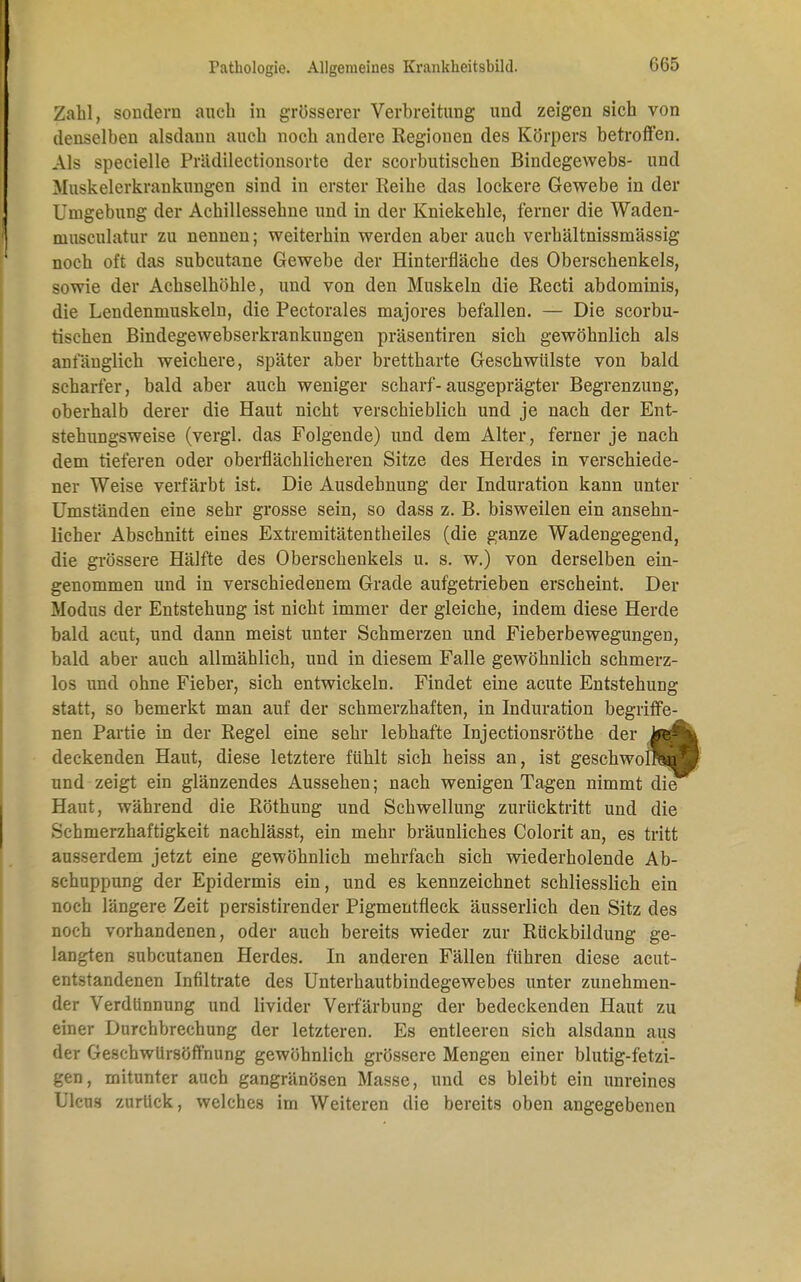 Zahl, sondern auch in grösserer Verbreitung und zeigen sich von denselben alsdann auch noch andere Regionen des Körpers betroffen. Als specielle Prädilectionsorte der scorbutischen Bindegewebs- und Muskelerkrankungen sind in erster Reihe das lockere Gewebe in der Umgebung der Achillessehne und in der Kniekehle, ferner die Waden- niusculatur zu nennen; weiterhin werden aber auch verhältnissmässig noch oft das subcutane Gewebe der Hinterfläche des Oberschenkels, sowie der Achselhöhle, und von den Muskeln die Recti abdominis, die Lendenmuskeln, die Pectorales majores befallen. — Die scorbu- tischen Bindegewebserkrankungen präsentiren sich gewöhnlich als anfänglich weichere, später aber brettharte Geschwülste von bald scharfer, bald aber auch weniger scharf-ausgeprägter Begrenzung, oberhalb derer die Haut nicht verschieblich und je nach der Ent- stehungsweise (vergl. das Folgende) und dem Alter, ferner je nach dem tieferen oder oberflächlicheren Sitze des Herdes in verschiede- ner Weise verfärbt ist. Die Ausdehnung der Induration kann unter Umständen eine sehr grosse sein, so dass z. B. bisweilen ein ansehn- licher Abschnitt eines Extremitätentheiles (die ganze Wadengegend, die grössere Hälfte des Oberschenkels u. s. w.) von derselben ein- genommen und in verschiedenem Grade aufgetrieben erscheint. Der Modus der Entstehung ist nicht immer der gleiche, indem diese Herde bald acut, und dann meist unter Schmerzen und Fieberbewegungen, bald aber auch allmählich, und in diesem Falle gewöhnlich schmerz- los und ohne Fieber, sich entwickeln. Findet eine acute Entstehung statt, so bemerkt man auf der schmerzhaften, in Induration begriffe- nen Partie in der Regel eine sehr lebhafte Injectionsröthe der ire- deckenden Haut, diese letztere fühlt sich heiss an, ist geschwoi und zeigt ein glänzendes Aussehen; nach wenigen Tagen nimmt die Haut, während die Röthung und Schwellung zurücktritt und die Schmerzhaftigkeit nachlässt, ein mehr bräunliches Colorit an, es tritt ausserdem jetzt eine gewöhnlich mehrfach sich wiederholende Ab- schuppung der Epidermis ein, und es kennzeichnet schliesslich ein noch längere Zeit persistirender Pigmentfleck äusserlich den Sitz des noch vorhandenen, oder auch bereits wieder zur Rückbildung ge- langten subcutanen Herdes. In anderen Fällen führen diese acut- entstandenen Infiltrate des Unterhautbindegewebes unter zunehmen- der Verdünnung und livider Verfärbung der bedeckenden Haut zu einer Durchbrechung der letzteren. Es entleeren sich alsdann aus der GescbwUrsöffnung gewöhnlich grössere Mengen einer blutig-fetzi- gen, mitunter auch gangränösen Masse, und es bleibt ein unreines Ulcus zurück, welches im Weiteren die bereits oben angegebenen