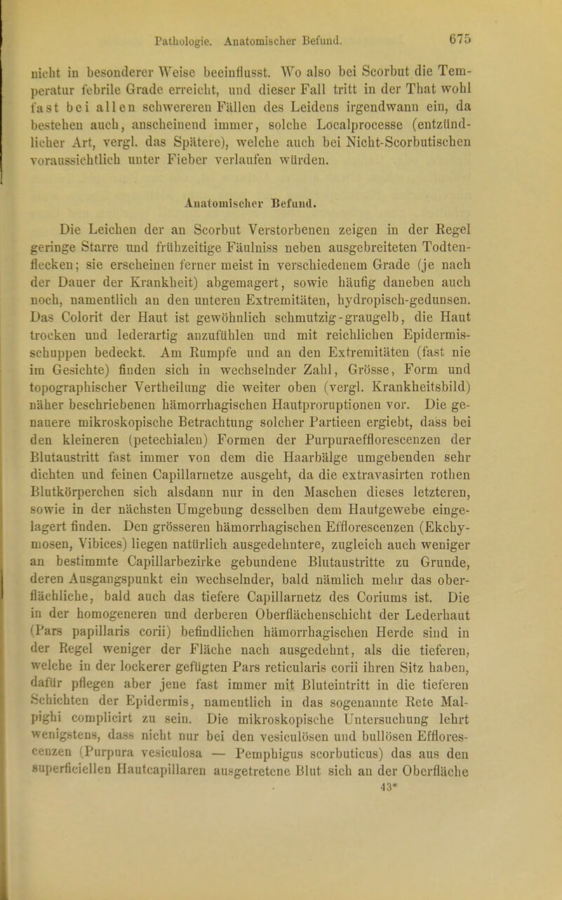 nicht in besonderer Weise beeinflusst. Wo also bei Scorbut die Tem- peratur febrile Grade erreicht, und dieser Fall tritt in der That wohl fast bei allen schwereren Fällen des Leidens irgendwann ein, da bestehen auch, anscheinend immer, solche Localprocesse (entzünd- licher Art, vergl. das Spätere), welche auch bei Nicht-Scorbutischen voraussichtlich unter Fieber verlauten würden. Anatomischer Befund. Die Leichen der an Scorbut Verstorbenen zeigen in der Regel geringe Starre und frühzeitige Fäulniss neben ausgebreiteten Todten- flecken; sie erscheinen ferner meist in verschiedenem Grade (je nach der Dauer der Krankheit) abgemagert, sowie häufig daneben aucli noch, namentlich au den unteren Extremitäten, hydropisch-gedunsen. Das Colorit der Haut ist gewöhnlich schmutzig - graugelb, die Haut trocken und lederartig anzufühlen und mit reichlichen Epidermis- schuppen bedeckt. Am Rumpfe und an den Extremitäten (fast nie im Gesichte) finden sich in wechselnder Zahl, Grösse, Form und topographischer Vertheilung die weiter oben (vergl. Krankheitsbild) näher beschriebenen hämorrhagischen Hautproruptionen vor. Die ge- nauere mikroskopische Betrachtung solcher Partieen ergiebt, dass bei den kleineren (petechialen) Formen der Purpuraefflorescenzen der Blutaustritt fast immer von dem die Haarbälge umgebenden sehr dichten und feinen Capillarnetze ausgeht, da die extravasirten rothen Blutkörperchen sich alsdann nur in den Maschen dieses letzteren, sowie in der nächsten Umgebung desselben dem Hautgewebe einge- lagert finden. Den grösseren hämorrhagischen Effiorescenzen (Ekcky- mosen, Vibices) liegen natürlich ausgedehntere, zugleich auch weniger an bestimmte Capillarbezirke gebundene Blutaustritte zu Grunde, deren Ausgangspunkt ein wechselnder, bald nämlich mehr das ober- flächliche, bald auch das tiefere Capillarnetz des Coriums ist. Die in der homogeneren und derberen Oberflächenschicht der Lederhaut (Pars papillaris corii) befindlichen hämorrhagischen Herde sind in der Regel weniger der Fläche nach ausgedehnt, als die tieferen, welche in der lockerer gefügten Pars reticularis corii ihren Sitz haben, dafür pflegen aber jene fast immer mit Bluteintritt in die tieferen Schichten der Epidermis, namentlich in das sogenannte Rete Mal- pighi complicirt zu sein. Die mikroskopische Untersuchung lehrt wenigstens, dass nicht nur bei den vesiculösen und bullösen Effiores- cenzen (Purpura vesiculosa — Pemphigus scorbuticus) das aus den superficialen Hautcapillaren ausgetretene Blut sich an der Oberfläche 43*