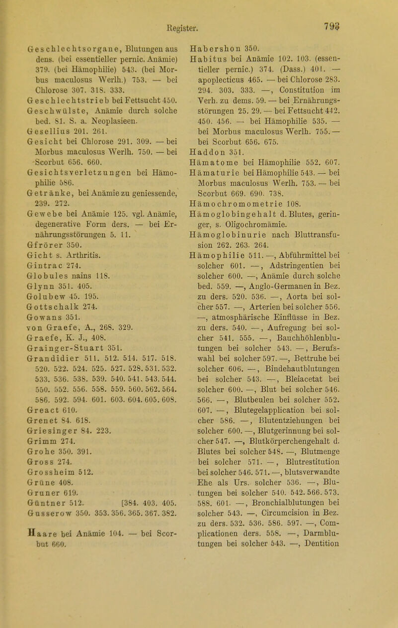 in Geschlechtsorgane, Blutungen aus dens. (bei essentieller pernic. Anämie) 379. (bei Hämophilie) 543. (bei Mor- bus maculosus Werlh.) 753. — bei Chlorose 307. 318. 333. Geschlechtstrieb bei Fettsucht 4 50. Geschwülste, Anämie durch solche bed. 81. S. a. Neoplasieen. Gesellius 201. 261. Gesicht bei Chlorose 291. 309. — bei Morbus maculosus Werlh. 750. —bei -Scorbut 656. 660. Gesichtsverletzungen bei Hämo- philie 586. Getränke, bei Anämie zu geniessende, 239. 272. Gewebe bei Anämie 125. vgl. Anämie, degenerative Form ders. — bei Er- nährungsstörungen 5. 11. Gfrörer 350. Gicht s. Arthritis. Gintrac 274. Globules nains 118. Glynn 351. 405. Golubew 45. 195. Gottschalk 274. Gowans 351. von Graefe, A., 268. 329. Graefe, K. J., 408. Grainger-Stuart 351. Grandidier 511. 512. 514. 517. 518. 520. 522. 524. 525. 527. 528.531.532. 533. 536. 538. 539. 540. 541. 543. 544. 550. 552. 556. 558. 559. 560. 562. 564. 586. 592. 594. 601. 603. 604. 605. 608. Greact 610. Grenet 84. 618. Griesinger 84. 223. Grimm 274. Grohe 350. 391. Gross 274. Grossheim 512. Grüne 408. Gruner 619. Güntner 512. [384. 403. 405. Gusserow 350. 353.356.365.367.382. Haare bei Anämie 104. — bei Scor- but 660. Habershon 350. Habitus bei Anämie 102. 103. (essen- tieller pernic.) 374. (Dass.) 401. — apoplecticus 465. — bei Chlorose 283. 294. 303. 333. —, Constitution im Verh. zu dems. 59. — bei Ernährungs- störungen 25. 29. — bei Fettsucht 442. 450. 456. — bei Hämophilie 535. — bei Morbus maculosus Werlh. 755. — bei Scorbut 656. 675. Haddon 351. Hämatome bei Hämophilie 552. 607. Hämaturie bei Hämophilie 543. — bei Morbus maculosus Werlh. 753. — bei Scorbut 669. 690. 738. Hämo ehr omometrie 108. Hämoglobingehalt d.Blutes, gerin- ger, s. Oligochromämie. Hämoglobinurie nach Bluttransfu- sion 262. 263. 264. Hämophilie 511.—, Abführmittel bei solcher 601. —, Adstringentien bei solcher 600. —, Anämie durch solche bed. 559. —, Anglo-Germanen in Bez. zu ders. 520. 536. —, Aorta bei sol- cher 557. —, Arterien bei solcher 556. —, atmosphärische Einflüsse in Bez. zu ders. 540. —, Aufregung bei sol- cher 541. 555. —, Bauchhöhlenblu- tungen bei solcher 543. —, Berufs- wahl bei solcher 597. —, Bettruhe bei solcher 606. —, Bindehautblutungen bei solcher 543. —, Bleiacetat bei solcher 600. —, Blut bei solcher 546. 566. —, Blutbeulen bei solcher 552. 607. —, Blutegelapplication bei sol- cher 586. —, Blutentziehungen bei solcher 600. —, Blutgerinnung bei sol- cher 547. —, Blutkörperchengehalt d. Blutes bei solcher 548. —, Blutmenge bei solcher 571. —, Blutrestitution bei solcher 546. 571. —, blutsverwandte Ehe als Urs. solcher 536. —, Blu- tungen bei solcher 540. 542. 566. 573. 588. 601. —, Bronchialblutungen bei solcher 543. —, Circumcision in Bez. zu ders. 532. 536. 586. 597. —, Com- plicationen ders. 558. —, Darmblu- tungen bei solcher 543. —, Dentition