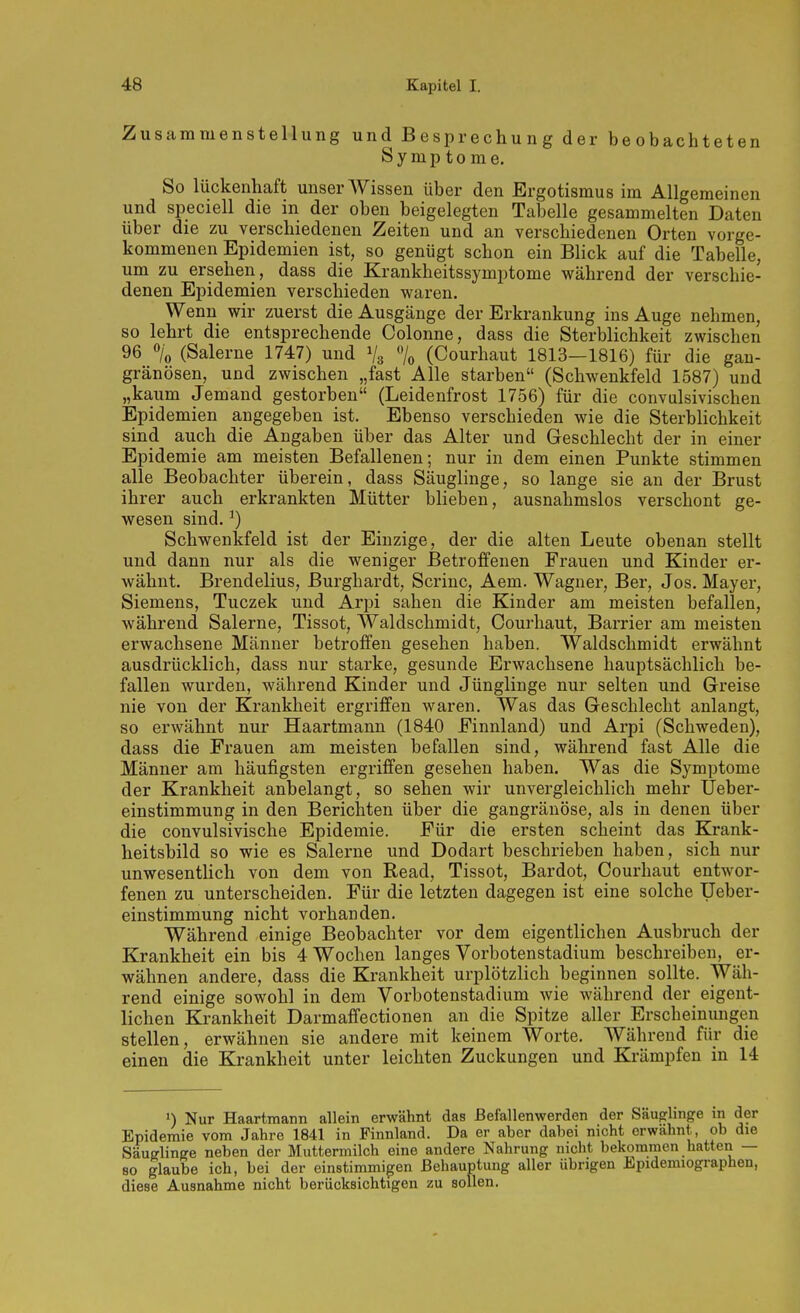 Zusammenstellung und Besprechung der beobachteten Symptome. So lückenhaft unser Wissen über den Ergotismus im Allgemeinen und speciell die in der oben beigelegten Tabelle gesammelten Daten über die zu verschiedenen Zeiten und an verschiedenen Orten vorge- kommenen Epidemien ist, so genügt schon ein Blick auf die Tabelle, um zu ersehen, dass die Krankheitssymptome während der verschie- denen Epidemien verschieden waren. Wenn wir zuerst die Ausgänge der Erkrankung ins Auge nehmen, so lehrt die entsprechende Colonne, dass die Sterblichkeit zwischen 96 «/o (Salerne 1747) und Vs 7o (Courhaut 1813—1816) für die gan- gränösen, und zwischen „fast Alle starben (Schwenkfeld 1587) und „kaum Jemand gestorben (Leidenfrost 1756) für die convulsivischen Epidemien angegeben ist. Ebenso verschieden wie die Sterblichkeit sind auch die Angaben über das Alter und Geschlecht der in einer Epidemie am meisten Befallenen; nur in dem einen Punkte stimmen alle Beobachter überein, dass Säuglinge, so lange sie an der Brust ihrer auch erkrankten Mütter blieben, ausnahmslos verschont ge- wesen sind. ^) Schwenkfeld ist der Einzige, der die alten Leute obenan stellt und dann nur als die weniger Betroffenen Frauen und Kinder er- wähnt. Brendelius, Burghardt, Scrinc, Aem. Wagner, Ber, Jos, Mayer, Siemens, Tuczek und Arpi sahen die Kinder am meisten befallen, während Salerne, Tissot, Waldschmidt, Courhaut, Barrier am meisten erwachsene Männer betroffen gesehen haben. Waldschmidt erwähnt ausdrücklich, dass nur starke, gesunde Erwachsene hauptsächlich be- fallen wurden, während Kinder und Jünglinge nur selten und Greise nie von der Krankheit ergriffen waren. Was das Geschlecht anlangt, so erwähnt nur Haartmann (1840 Finnland) und Arpi (Schweden), dass die Frauen am meisten befallen sind, während fast Alle die Männer am häufigsten ergriffen gesehen haben. Was die Symptome der Krankheit anbelangt, so sehen wir unvergleichlich mehr Ueber- einstimmung in den Berichten über die gangränöse, als in denen über die convulsivische Epidemie. Für die ersten scheint das Krank- heitsbild so wie es Salerne und Dodart beschrieben haben, sich nur unwesentUch von dem von Read, Tissot, Bardot, Courhaut entwor- fenen zu unterscheiden. Für die letzten dagegen ist eine solche üeber- einstimmung nicht vorhanden. Während einige Beobachter vor dem eigentlichen Ausbruch der Krankheit ein bis 4 Wochen langes Vorbotenstadium beschreiben, er- wähnen andere, dass die Krankheit urplötzlich beginnen sollte. Wäh- rend einige sowohl in dem Vorbotenstadium wie während der eigent- lichen Krankheit Darmaffectionen an die Spitze aller Erscheinungen stellen, erwähnen sie andere mit keinem Worte. Während für die einen die Krankheit unter leichten Zuckungen und Krämpfen in 14 ') Nur Haartmann allein erwähnt das Befallenwerden der Säupflinge in der Epidemie vom Jahre 1841 in Finnland. Da er aber dabei nicht erwähnt, ob die Säufflinpe neben der Muttermilch eine andere Nahrung nicht bekommen hatten — 80 glaube ich, bei der einstimmigen Behauptung aller übrigen Epidemiographen, diese Ausnahme nicht berücksichtigen zu sollen.