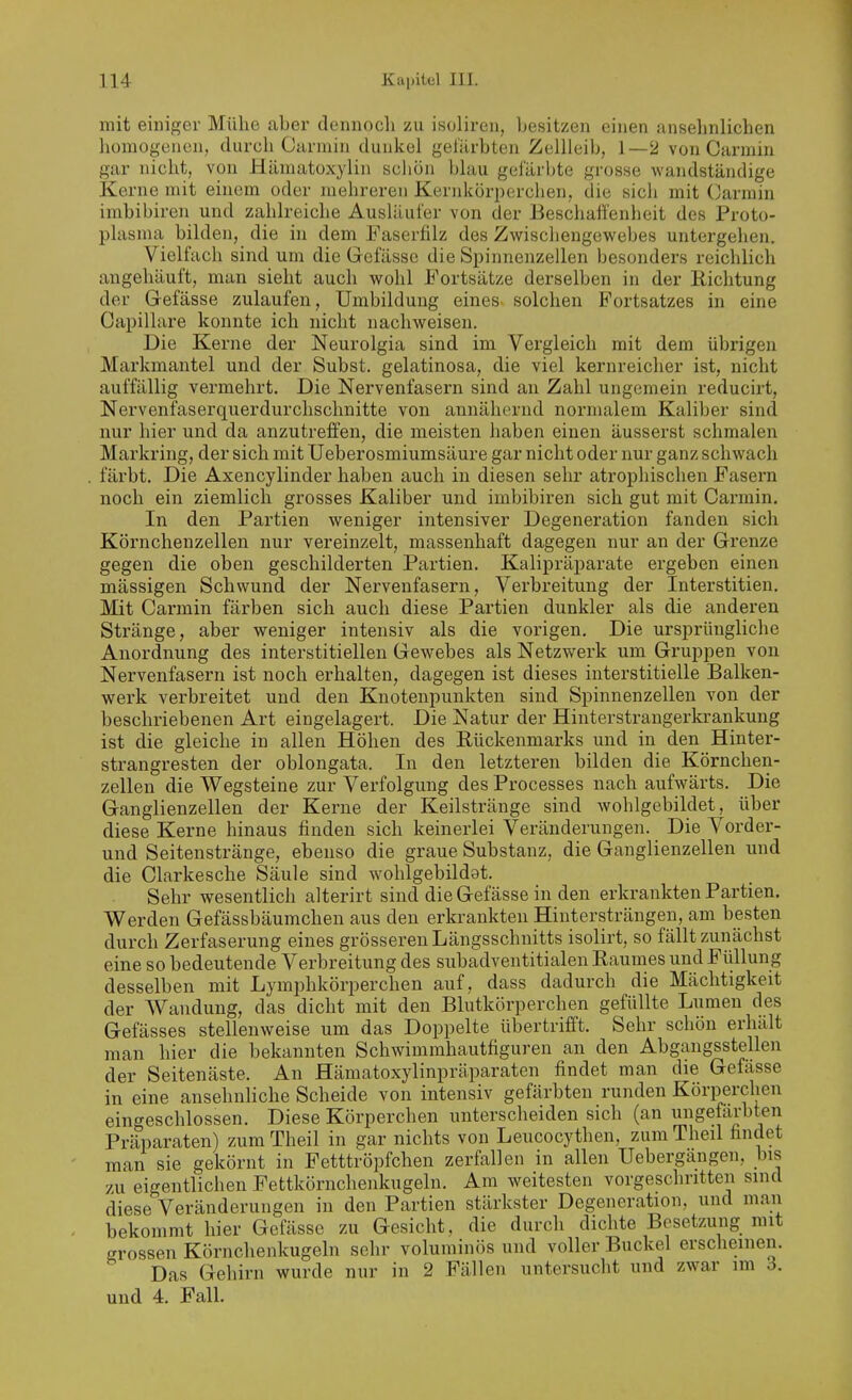 mit einiger Mühe aber dennoch zu isoliren, besitzen einen ansehnlichen homogenen, durch Carinin dunkel gefärbten Zellleib, 1—2 von Oarmin gar nicht, von Hämatoxylin schön blau gefärbte grosse wandständige Kerne mit einem oder mehreren Kernkörperchen, die sich mit (Karmin imbibiren und zahlreiche Ausläufer von der Beschaffenheit des Proto- plasma bilden, die in dem Faserfilz des Zwischengewebes untergehen. Vielfacli sind um die Gefässe die Spinnenzellen besonders reichlich angehäuft, man sieht auch wohl Fortsätze derselben in der Richtung der Gefässe zulaufen, Umbildung eines solchen Fortsatzes in eine Capillare konnte ich nicht nachweisen. Die Kerne der Neurolgia sind im Vergleich mit dem übrigen Markmantel und der Subst. gelatinosa, die viel kernreicher ist, nicht auffällig vermehrt. Die Nervenfasern sind an Zahl ungemein reducii't, Nervenfaserquerdurchschnitte von annähernd normalem Kaliber sind nur hier und da anzutreffen, die meisten haben einen äusserst schmalen Markring, der sich mit Ueberosmiumsäure gar nicht oder nur ganz schwach . färbt. Die Axencylinder haben auch in diesen sehr atrophischen Fasern noch ein ziemlich grosses Kaliber und imbibiren sich gut mit Carmin. In den Partien weniger intensiver Degeneration fanden sich Körnchenzellen nur vereinzelt, massenhaft dagegen nur an der Grenze gegen die oben geschilderten Partien. Kalipräparate ergeben einen mässigen Schwund der Nervenfasern, Verbreitung der Interstitien. Mit Carmin färben sich auch diese Partien dunkler als die anderen Stränge, aber weniger intensiv als die vorigen. Die ursprüngliche Anordnung des interstitiellen Gewebes als Netzwerk um Gruppen von Nervenfasern ist noch erhalten, dagegen ist dieses interstitielle Balken- werk verbreitet und den Knotenpunkten sind Spinnenzellen von der beschriebenen Art eingelagert. Die Natur der Hinterstrangerkrankung ist die gleiche in allen Höhen des Rückenmarks und in den Hinter- strangresten der oblongata. In den letzteren bilden die Körnchen- zellen die Wegsteine zur Verfolgung des Processes nach aufwärts. Die Ganglienzellen der Kerne der Keilstränge sind wohlgebildet, über diese Kerne hinaus finden sich keinerlei Veränderungen. Die Vorder- und Seitenstränge, ebenso die graue Substanz, die Ganglienzellen und die Clarkesche Säule sind wohlgebildet. Sehr wesentlich alterirt sind die Gefässe in den erkrankten Partien. Werden Gefässbäumchen aus den erkrankten Hintersträngen, am besten durch Zerfaserung eines grösseren Längsschnitts isolirt, so fällt zunächst eine so bedeutende Verbreitung des subadventitialen Raumes und Füllung desselben mit Lymphkörperchen auf, dass dadurch die Mächtigkeit der Wandung, das dicht mit den Blutkörperchen gefüllte Lumen des Gefässes stellenweise um das Doppelte übertrifft. Sehr schön erhält man hier die bekannten Schwimmhautfiguren an den Abgangsstellen der Seitenäste. An Hämatoxylinpräparaten findet man die Gefässe in eine ansehnliche Scheide von intensiv gefärbten runden Körperchen eingeschlossen. Diese Körperchen unterscheiden sich (an ungefärbten Präparaten) zumTheil in gar nichts von Leucocythen, zumTheil findet man sie gekörnt in Fetttröpfchen zerfallen in allen Uebergangen, bis zu eigentlichen Fettkörnchenkugeln. Am weitesten vorgeschritten sind diese Veränderungen in den Partien stärkster Degeneration, und man bekommt hier Gefässe zu Gesicht, die durch dichte Besetzung mit grossen Körnchenkugeln sehr voluminös und voller Buckel erscheinen. Das Gehirn wurde nur in 2 Fällen untersucht und zwar im d. und 4. Fall.