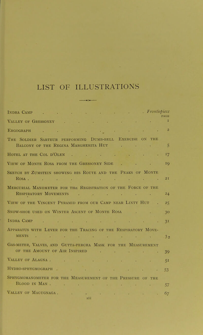LIST OF ILLUSTRATIONS IKDRA Camp FroiiHspiece PAGE Valley of Gressoxey i Ergograph . . . . ._ . • • -2 The Soldier Sarteur performing Dumb-bell Exercise ox the Balcony of the Regina Margherita Hut ... 5 Hotel at the Col d'Olen . . . . . . • ^7 View of Monte Rosa from the Gressoney Side ... 19 Sketch by Zumstein showing his Route and the Peaks of Monte Rosa .... ..... 21 Mercurial Manometer for thk Registration of the Force of the Respiratory Movements ...... 24 View of the Vincent Pyramid from our Camp near Linty Hut . 25 Snow-shoe used on Winter Ascent of Monte Rosa . . 30 Indra Camp . ........ 31 Apparatus with Lever for the Tracing of the Respiratory Move- ments 32 Gas-meter, Valves, and Gutta-percha Mask for the Measurement of the Amount of Air Inspired . . . . -39 Valley of Alagna ........ 51 Hydro-sphygmograph ........ 53 Sphygmomanometer for the Measurement of the Pressure of the Blood in Man ........ 57 Valley of Macugnaga........ 67