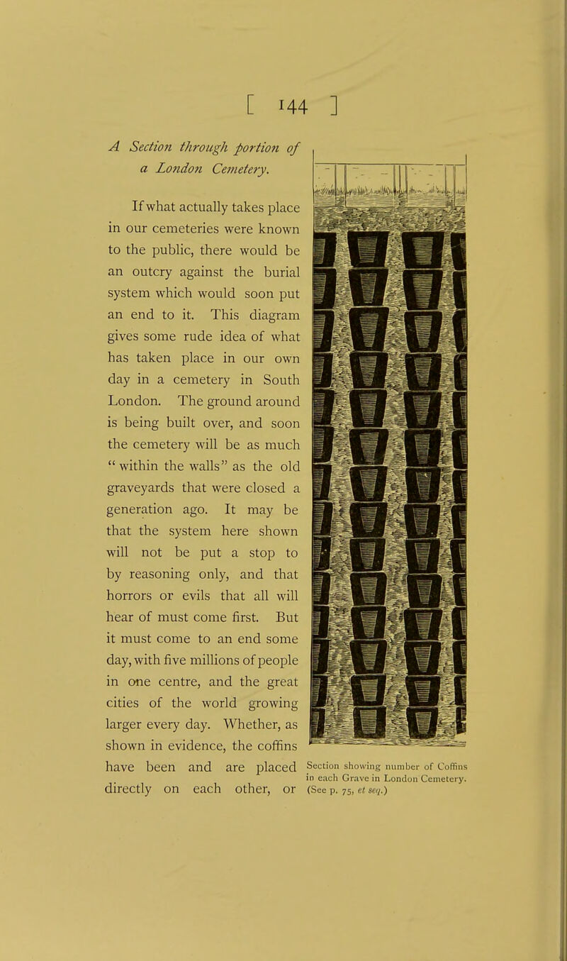 A Section through portion of a Londoti Cemetery. If what actually takes place in our cemeteries were known to the public, there would be an outcry against the burial system which would soon put an end to it. This diagram gives some rude idea of what has taken place in our own day in a cemetery in South London. The ground around is being built over, and soon the cemetery will be as much within the walls as the old graveyards that were closed a generation ago. It may be that the system here shown will not be put a stop to by reasoning only, and that horrors or evils that all will hear of must come first. But it must come to an end some day, with five millions of people in one centre, and the great cities of the world growing larger every day. Whether, as shown in evidence, the coffins have been and are placed directly on each other, or Section showing number of Coffins in each Grave in London Cemetery. (See p. 75, ct scij.)