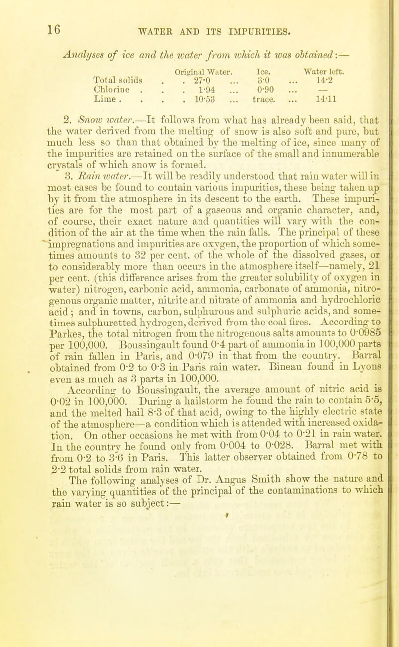 Analyses of ice and the water from which it was obtained:— Original Water. Ice. TVafcer left. Total solids . . 27-0 ... 3-0 ... 14-2 Chloriue . . . l-g-l ... 0-90 ... — Lime .... 10-53 ... trace. ... l-l-ll 2. Snoiu tvater.—It follows from what has already been said, that the water derived from the melting of snow is also soft and pure, but much less so than tliat obtained Xiy the melting of ice, since many of the impm'ities are retained on the surface of the small and innumerable crystals of which snow is formed. 3. Hain ivater.—It will be readily understood that rain water wiU in most cases be found to contain various impiu-ities, these being taken up by it from the atmosphere in its descent to the earth. These impuri- ties are for the most part of a gaseous and organic character, and, of course, their exact nature and quantities wUl vary ■w'ith the con- dition of the air at the time when the rain falls. The principal of these ~ impregTiations and impiu-ities are oxygen, the proportion of which some- times amounts to 32 per cent, of the whole of the dissolved gases, or to considerably more than occm-s in the atmosphere itself—namely, 21 per cent, (this difference ai'ises fi'om the greater solubility of oxygen in water) nitrogen, carbonic acid, ammonia, carbonate of ammonia, nitro- genous organic matter, niti-ite and niti'ate of ammonia and hydi'ochloric acid; and in towns, carbon, sulphm-ous and sulphuric acids, and some- times sulphuretted hydrogen, derived from the coal fires. According to Partes, the total nitrogen fi-om the nitrogenous salts amounts to 0-0985 per 100,000. Boussingault found 0-4 part of ammonia in 100,000 parts of rain fallen in Paris, and 0-079 in that from the counti-y. Ban-al obtained fr-om 0-2 to 0-3 in Paris rain water. Bineau found in Lyons even as much as 3 parts in 100,000. According to Boussingault, the average amount of nitric acid is 0-02 in 100,000. Dm-ing a hailstorm he found the rain to contain 5-5, and the melted hail 8-3 of that acid, owing to the highly electric state of the atmosphere—a condition which is attended with increased oxida- tion. On other occasions he met with fi-om 0-04 to 0*21 in raiu water. In the country he found only fi-om 0-004 to 0-028. Bai-ral met with fi-om 0-2 to 3-6 in Paris. This latter observer obtained from 0-78 to 2'2 total solids from rain water. The following analyses of Dr. Angus Smith show the nature and the varying quantities of the principal of the contaminations to which raiu water is so subject:— ♦
