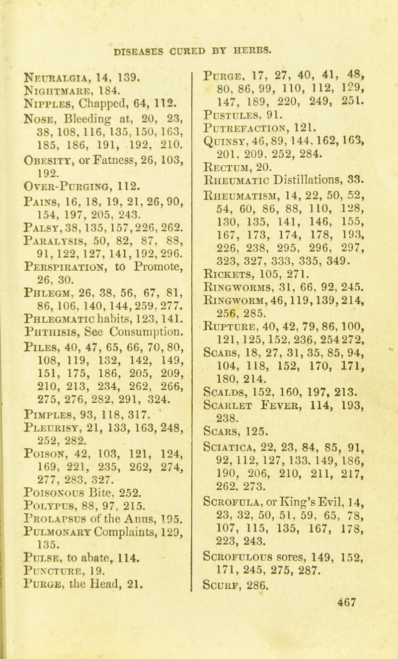 Neuralgia, 14, 139. Nightmare, 184. Nipples, Chapped, 64, 112. Nose, Bleeding at, 20, 23, 38, 108, 116, 135, 150, 163, 185, 186, 191, 192, 210. Obesity, or Fatness, 26, 103, 192. Over-Purging, 112. Pains, 16, 18, 19, 21, 26, 90, 154, 197, 205, 243. Palsy, 38,135,157,226,262. Paralysis, 50, 82, 87, 88, 91, 122, 127, 141, 192,296. Perspiration, to Promote, 26, 30. Phlegm, 26, 38, 56, 67, 81, 86, 106, 140, 144,259,277. Phlegmatic habits, 123,141. Phthisis, See Consumption. Piles, 40, 47, 65, 66, 70, 80, 108, 119, 132, 142, 149, 151, 175, 186, 205, 209, 210, 213, 234, 262, 266, 275, 276, 282, 291, 324. Pimples, 93, 118, 317. Pleurisy, 21, 133, 163, 248, 252, 282. Poison, 42, 103, 121, 124, 169, 221, 235, 262, 274, 277, 283, 327. Poisonous Bite, 252. Polypus, 88, 97, 215. Prolapsus of the Anus, 195. Pulmonary Complaints, 129, 135. Pulse, to abate, 114. Puncture, 19. Purge, the Head, 21. Purge, 17, 27, 40, 41, 48, 80, 86, 99, 110, 112, 129, 147, 189, 220, 249, 251. Pustules, 91. Putrefaction, 121. Quinsy, 46,89,144,162,163, 201, 209, 252, 284. Rectum, 20. Rheumatic Distillations, 33. Rheumatism, 14, 22, 50, 52, 54, 60, 86, 88, 110, 128, 130, 135, 141, 146, 155, 167, 173, 174, 178, 193, 226, 238, 295, 296, 297, 323, 327, 333, 335, 349. Rickets, 105, 271. Ringworms, 31, 66, 92, 245. Ringworm, 46,119,139,214, 256, 285. Rupture, 40, 42, 79, 86,100, 121, 125,152,236, 254272, Scabs, 18, 27, 31, 35, 85, 94, 104, 118, 152, 170, 171, 180, 214. Scalds, 152, 160, 197, 213. Scarlet Fever, 114, 193, 238. Scars, 125. Sciatica, 22, 23, 84, 85, 91, 92, 112, 127, 133. 149, 186, 190, 206, 210, 211, 217, 262, 273. Scrofula, or King's Evil, ] 4, 23, 32, 50, 51, 59, 65, 78, 107, 115, 135, 167, 178, 223, 243. Scrofulous sores, 149, 152, 171, 245, 275, 287. Scurf, 286.