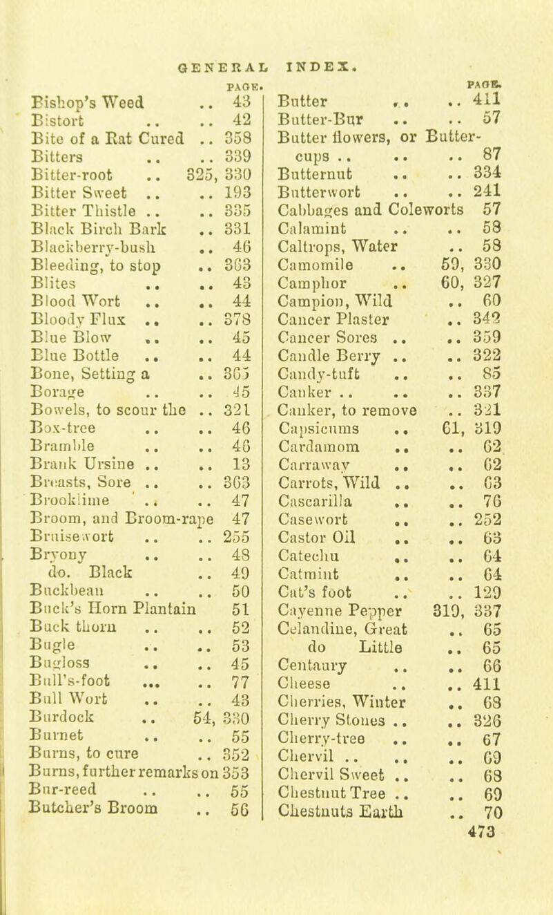PAOB. • • 43 Butter • • 411 Retort 42 Butter-Bnr .. • • 57 Eito of n. Rat Cnrpd 358 Butter ilowers, or Butter- T>it tor^ 339 cups • a 87 Bitter-root 325, 330 Butternut • a 334 Bitter Sweet ., 193 Butterwort • • 241 Bitter Thistle .. rtntf Cabhajjes and Coleworts 57 Black Birch Bark 331 Calamint • • 58 Blackherrv- bush • • 46 Caltrops, Water • • 53 Bleeiiinf to ston • • 3G3 Camomile 59, 330 Blites • • 43 Camphor 60, 327 Blood Wort 44 Campion, Wild • • 60 Bloody Flax .. 378 Cancer Plaster • • 349 Blue Blow ,, 45 Cancer Sores .. • • 359 Blue Bottle 44 Candle Berry .. • • 322 Bone, Setting a 363 Candy-tuft • • 85 Borate 45 Canker • • 337 Bowels, to scour the 321 Canker, to remove 321 Box-tree .. 46 Capsicums .. 61, 319 Bramble * • 46 Cardamom .. • • 02 Brank Ursine .. • • 13 Can:away .. • • 62 Breasts, Sore .. • ■ 363 Carrots, Wild .. • • 63 Brookiiine 47 Cascarilla •. • • 76 Broom, and Broom-rape 47 Case wort .. • a 252 Bruise .vort • • 255 Castor Oil .. • • 63 Bryony • • 48 Catechu • • 64 do. Black • a 49 Catmint .. • a 64 Buckhean • • 50 Cat's foot 129 Buck's Horn Plantain 51 Cayenne Pepper 319, 337 Buck thorn • • 52 Celandine, Great • » 65 Bugle • • 53 do Little • • 65 Buyloss • • 45 Centaury • • 66 BullVfoot « • 77 Cheese • • 411 Bull Wort • • 43 Cherries, Winter « • 68 Burdock 54, 330 Cherry Stones .. • • 326 Burnet • • 55 Cherry-tree .. • • 67 Burns, to enre 352 69 Burns, further remarks on 353 Chervil Sweet .. • • 63 Bur-reed • • 55 Chestnut Tree .. • • 69 Butcher's Broom • • 56 Chestnuts Earth • • 70