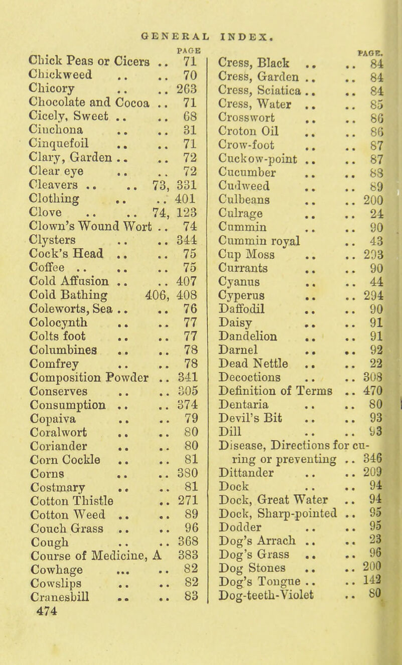 Chicle Pen*? nr Cippvo PAGE 71 Chickweed 70 Chi cow Chocolate and Cocoa 71 Cicelv Sweet 68 Ciuchona 31 Cjinnnpfni 1 71 Clarv. Garden . 72 dlpiir fivft 72 Cleavprs 73 331 Clothing 401 Clove 74. 1 03 Clnwn'<5 Wniind YWivf 74 CI vst.prt! Cock's Head 344 75 Coffee 75 Cold Affusion .. 407 Cold Tiflthinia' 406 V.- 111 JLJ <X 111X11 w W VJ ) 408 dolpwftvf.s Spa 76 Colocvntli \J A V_' V T AJt VI4 ftj ft 77 Colts foot .. .. 77 C n 1 n m hi n f3 78 Coinfrey .. .. 78 Composition Powder 341 rinTi^PVVPfi 305 drm en milt inn V^VJXl.3 lllli JJ LJ.WJ-1 • • • « 374 •J ■ jc VU Mal \ tl • * • • 79 d civ a 1 wnrf. 80 dori aiifler VwJ>lUliUVi> • ft} * a 80 81 d nvn q 380 U U 1/ VjLMillctl y • • • • 81 Cotton Thistle 271 Cnttnn Weed \jVJljH.»Ii H ecu • • • • 89 Couch Grass .. 96 don 0*11 vUUcLil • • • • 368 drmvcp nf TVTpfH/^mP A 383 Cowhage Cowslips .. 82 82 Cranesbill .. .. 83 PAGE. Cress, Black .. . 84 Cress, Garden .. . 84 Cress, Sciatica .. Cress, Water .. . 84 . 85 Crosswort .. . 8G Croton Oil . 86 Crow-foot . 87 Cuckow-point .. . 87 Cucumber . 83 Cudweed . 89 Culbeans . 200 Culrage . 24 Cummin . 90 Cummin royal . 43 Cup Moss . 203 Currants . 90 Cyanus . 44 Cyperus . 294 Daffodil . 90 Daisy . 91 Dandelion .. . 91 Darnel .. . . 92 Dead Nettle .. . 22 Decoctions . 308 Definition of Terms . . 470 Dentaria . 80 Devil's Bit . 93 Dill . 93 Disease, Directions for cu- ring or preventing . . 346 Dittander . 209 Dock . 94 Dock, Great Water . 94 Dock, Sharp-pointed . . 95 Dodder . 95j Dog's Arrach .. Dog's Grass .. . 23 . 96 Dog Stones Dog's Tongue .. Dog-teeth-Violet . 200 . 142 . 80