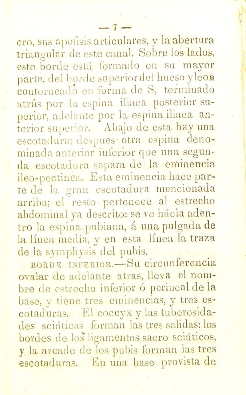 ero, sus apólisis articulares, y la abertura triangular de este canal. Sobre los lados, este borde está formado en su mayor parte, del borde snperiordel hueso yleoa contorneado en forma de S, terminado atrás por la espina iliaca posterior su- perior, adela ate por la espina iliaca an- terior superior. Abajo de esta hay una escotadura; después otra espina deno- minada anterior inferior que una segun- da escotadura separa de la eminencia ileo-pcctinCa. Esta eminencia hace par- te de la eran escotadura mencionada arriba; el resto pertenece al estrecho abdominal ya descrito: se ve hacia aden- tro la espina pubiana, á una pulgada de la línea media, v en esta línea la traza de la symphysis del pubis. borde inferior.—Su circunferencia ovalar de adelante atrás, lleva el nom- bre de estrecho inferior ó perineal ele la base, y tiene tres eminencias, y tres es- cotaduras. El coceyx y las tuberosida- des sciáticas forman las tres salidas: los bordes de los* ligamentos sacro sciáticos, y la arcado do los pubis forman las tres escotaduras. En una base provista de