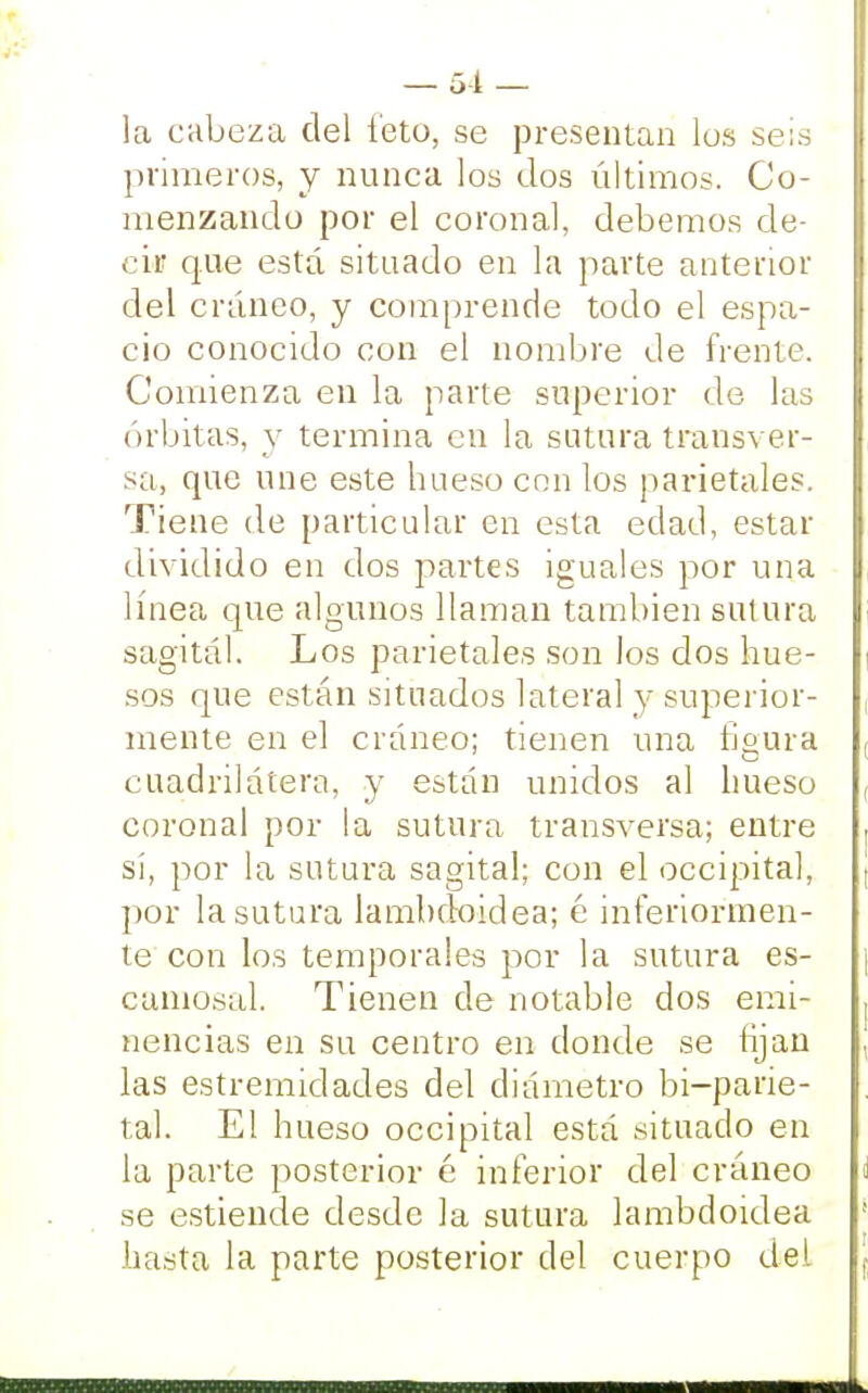 la cabeza del feto, se presentan los seis I primeros, y nunca los dos últimos. Co- menzando por el coronal, debemos de- cir que está situado en la parte anterior del cráneo, y comprende todo el espa- cio conocido con el nombre de frente. Comienza en la parte superior de las órbitas, y termina en la sutura transver- sa, que une este hueso con los parietales. Tiene de particular en esta edad, estar dividido en dos partes iguales por una línea que algunos llaman también sutura sagital. Los parietales son los dos hue- sos que están situados lateral y superior- mente en el cráneo; tienen una figura cuadrilátera, y están unidos al hueso coronal por la sutura transversa; entre sí, por la sutura sagital; con el occipital, por la sutura lambdoidea; é interiormen- te con los temporales por la sutura es- camosal. Tienen de notable dos emi- nencias en su centro en donde se hjau las estremidades del diámetro bi-parie- tal. El hueso occipital está situado en la parte posterior é inferior del cráneo se estiende desde la sutura lambdoidea hasta la parte posterior del cuerpo del j