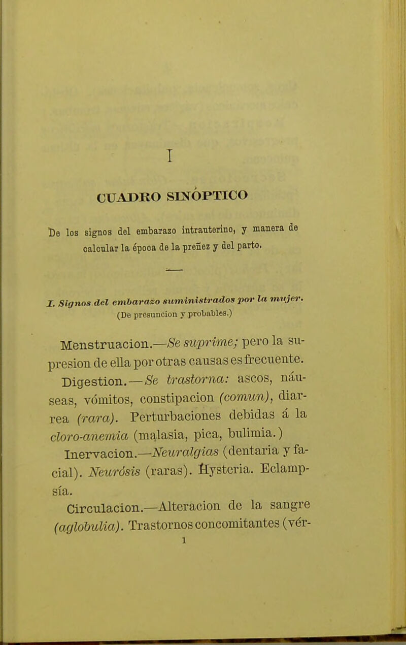 CUADRO SINÓPTICO De los signos del embarazo intrauterino, y manera oalonlar la épooa de la preñez y del parto. I. Signos del embarazo suministrados por la mujer. (De presunción y probables.) Menstruación—£e suprime; pero la su- presión de ella por otras causas es frecuente. Digestión.—Se trastorna: ascos, náu- seas, vómitos, constipación (común), diar- rea (rara). Perturbaciones debidas á la cloro-anemia (malasia, pica, bulimia.) Inervación.—Neuralgias (dentaria y fa- cial). Neurósis (raras), fiysteria. Eclamp- sia. Circulación—Alteración de la sangre (aglóbulia). Trastornos concomitantes (vér-