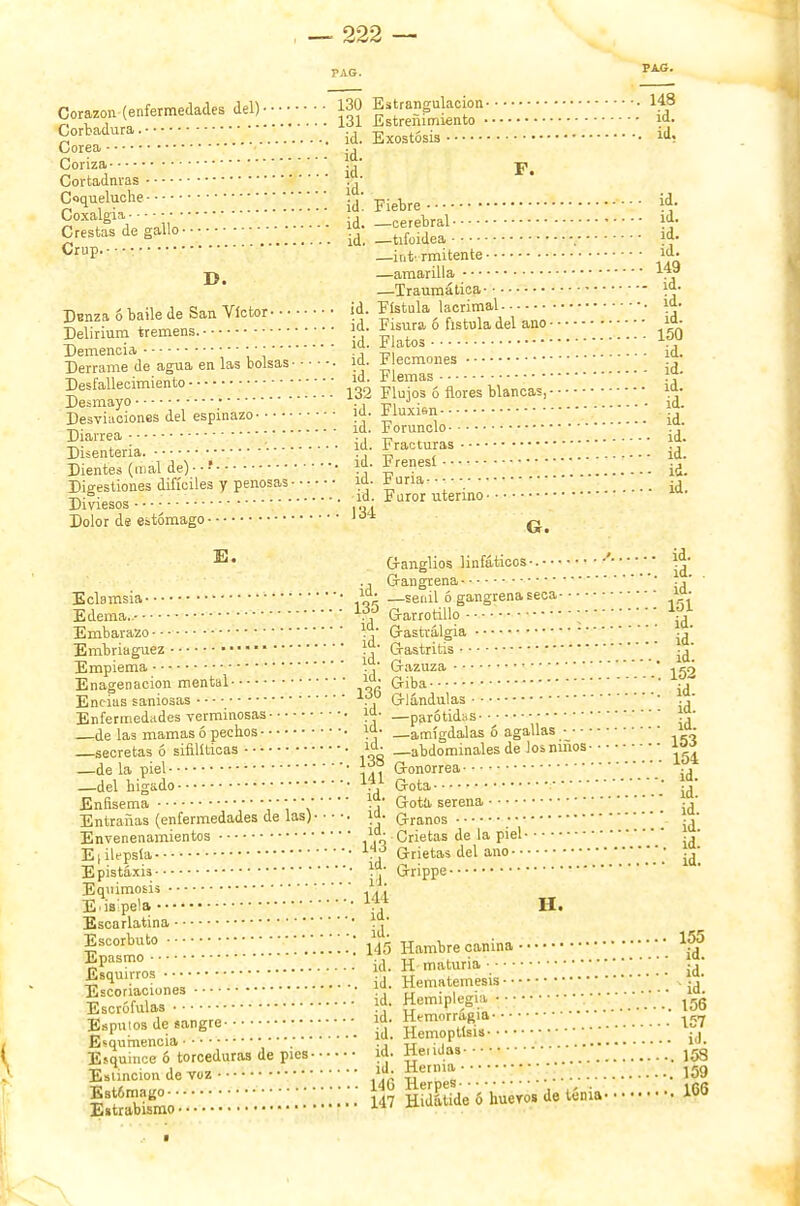 PAG. 130 131 Estreñimiento Corazón (enfermedades del) c°rbadura- a IS Corea ■ Coriza Cortadnras Estrangulación • 148 id. id. id. id. id. F. Coqueluche ^ Coxalgia Crestas de gallo Crup.- • • id. id. id. id. D. Denza ó baile de San Víctor- Delirium tremens. Fiebre • • • —cerebral —tifoidea —iirfc rmitente —amarilla —Traumática Fístula lacrimal Fisura ó fístula del ano Flatos id 149 id. id. id. 150 Demencia ;i,',u:s ¿¿ Derrame de agua en las bolsas £ | ecmones ^ Desfallecimiento Desmayo Desviaciones del espinazo Diarrea Disenteria. Dientes (mal de) id. Flemas 132 Flujos ó flores blancas, VJ- id. Fluxión id. Forunclo- id. Fracturas id. Frenesí • ■ Digestiones difíciles y penosas id. Furia- Diviesos • ld- ^«or uterino- id. id. id. id. id. Dolor de estómago - E. Eclamsia- ■ Edema..- • ■ Embarazo - 134 id. 135 id. id. G. G-anglios linfáticos-. ' Vj Gangrena ' .,' -senil ó gangrena seca >?• í-;n~ l^J- : id Embriaguez ^ Empiema Enagenacion mental id- t¡>_.JL 136 Encías saniosas • Enfermedades verminosas- de las mamas ó pechos - ■ secretas ó sifilíticas id. id. id. 138 -déla piel • i*> —del hígado • 141 id. id. id. 143 id. Garrotillo Gastralgia Gastritis Gazuza Giba Glándulas —parótidas - —amígdalas ó agallas • ■ - —abdominales de los niños Gonorrea Gota ■ Gota serena Granos Crietas de la piel Grietas del ano • ^ id. id. 152 id. id. id. 153 154 id. id. id. id. H. Enfisema • ■' Entrañas (enfermedades de las) Envenenamientos 1 E| ilepsía Epistaxis • ijj Grippe Equimosis }.'. Empela • H,1 Escarlatina ■ iscorbutoi & Hambre canina W Epasmo id. H maturia * £»q™ •... id. Hematemesis . f¿ iSr5.V::. id. Hemiplegia ^^ E.pu.osde.angre-- 157 E*qumencia / 155 Esqumce ó terceduras de pies id. BW i?_?;„„;^ ,u -u-,., w- «M Estincion de voz Estómago- Estrabismo id. Heridas jgg id. Hernia  jgg 146 Herpes „• ;; \'* «66 147 Hidátide ó huevos de tema • *w