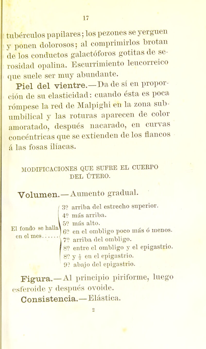 tubérculos papüares; los pezones se yerg'uen y poneu dolorosos; al comprimirlos brotan fie los conductos galactóíbros gotitas de se- rosidad opalina. Bscurrimiento lencorreico Piel del vientre.—Da de sí en propor- ción de su elasticidad: cuando ésta es poca rómpese la red de Malpiglü en la zona snb- umbilical y las roturas aparecen de color amoratado, después nacarado, en curvas concéntricas que se extienden de los flancos á las fosas ilíacas. MODIFICACIONES QUE SUEEE EL CUERPO DEL ÚTERO. Volumen.—Aumento gradual. que suele ser muy abundante. 39 arriba del estrecho superior. 49 más arriba. .59 más alto. 69 en el ombligo poco más ó menos. 89 entre el ombligo y el epigastrio. 89 y i en el epigastrio. 99 abajo del epigastrio. Figura.—Al principio piriforme, luego cstcvoidc y después ovoide. Consistencia.—Elástica. 2