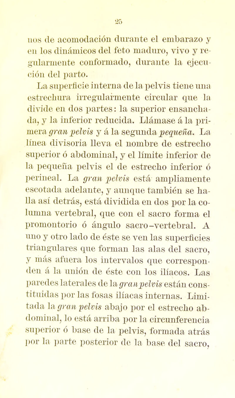 nos de acomodación durante el embarazo y en los dinámicos del feto madiu'o, vivo y re- giüarmente conformado, durante la ejecu- (!ión del parto. La superficie interna de la pelvis tiene una estrechura irregularmente circular que la divide en dos partes: la superior ensancha- da, y la inferior reducida. Llámase á la pri- mera gran pelvis y á la segunda pequeña. La línea divisoria lleva el nombre de estrecho superior ó abdominal, y el límite inferior de la pequeña pelvis el de estrecho inferior ó periueal. La grati pelvis está ampliamente escotada adelante, y aunque también se ha- lla así detrás, está dividida en dos por la co- lumna vertebral, que con el sacro forma el promontorio ó ángulo sacro-vertebral. A uno y otro lado de éste se ven las superficies triangulares que forman las alas del sacro, y más afuera los intervalos que correspon- den á la unión de éste con los ilíacos. Las paredes laterales de la granpelvis están cons- tituidas por las fosas ilíacas internas. Limi- tada la gran pelvis abajo por el estrecho ab- dominal, lo está arriba por la circunferencia superior ó base de la pelvis, formada atrás por la parte posterior de la base del sacro,