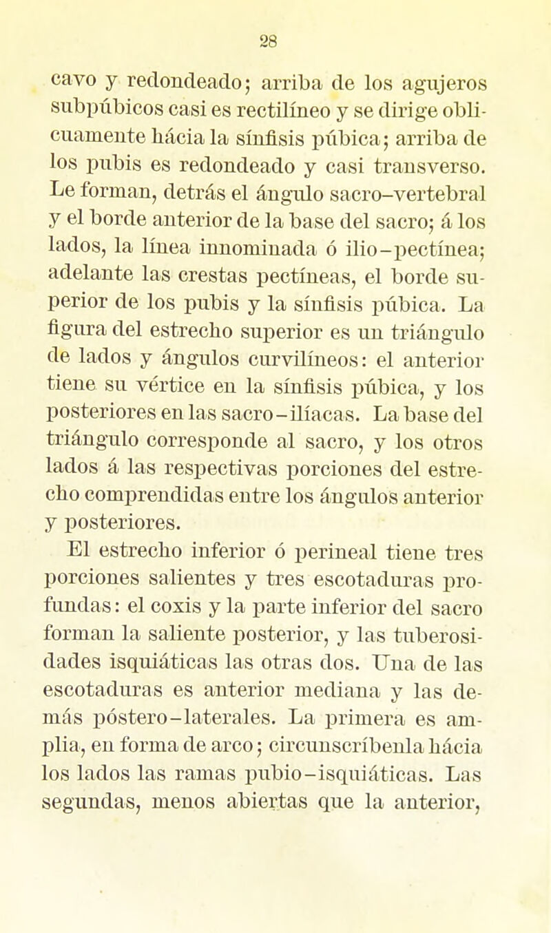 cavo y redondeado 5 arriba de los agujeros subpúbicos casi es rectilíneo y se dirige obli- cuamente liácia la sínflsis púbica; arriba de los pubis es redondeado y casi transverso. Le forman, detrás el ángulo sacro-vertebral y el borde anterior de la base del sacro; á los lados, la línea innominada ó ilio-pectínea; adelante las crestas pectíneas, el borde su- perior de los pubis y la sínflsis piibica. La figura del estrecho superior es un triángulo de lados y ángulos curvilíneos: el anterior tiene su vértice en la síuflsis púbica, y los posteriores en las sacro-ilíacas. La base del triángulo corresponde al sacro, y los otros lados á las respectivas porciones del estre- cho comprendidas entre los ángulos anterior y posteriores. El estrecho inferior ó perineal tiene tres porciones salientes y tres escotaduras pro- fundas : el coxis y la paxte inferior del sacro forman la saliente posterior, y las tuberosi- dades isquiátioas las otras dos. Una de las escotaduras es anterior mediana y las de- más póstero-laterales. La primera es am- plia, en forma de arco 5 circunscríbenla hacia los lados las ramas pubio-isquiáticas. Las segundas, menos abiertas que la anterior,