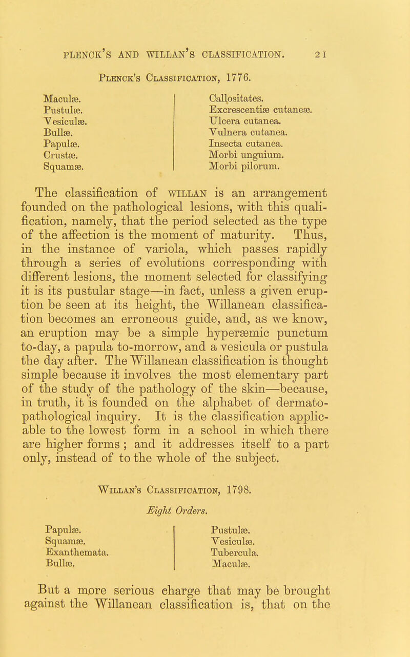 plenok's and willan's CLASSIFICATION. 2 1 Plenck's Classification, 1776. Maculae. Pustulae. Vesiculae. BuIIjb. Callositates. Excrescentiae cutaneae. Papulae. Crustae. Squamae. tllcera cutanea. Vulnera cutanea. Insecta cutanea. Morbi unguium. Morbi pilorum. The classification of will an is an arrangement founded on the pathological lesions, with this quali- fication, namely, that the period selected as the type of the affection is the moment of maturity. Thus, in the instance of variola, which passes rapidly through a series of evolutions corresponding with different lesions, the moment selected for classifying it is its pustular stage—in fact, unless a given erup- tion be seen at its height, the Willanean classifica- tion becomes an erroneous guide, and, as we know, an eruption may be a simple hypersemic punctum to-day, a papula to-morrow, and a vesicula or pustula the day after. The Willanean classification is thought simple because it involves the most elementary part of the study of the pathology of the skin—because, in truth, it is founded on the alphabet of dermato- pathological inquiry. It is the classification applic- able to the lowest form in a school in which there are higher forms ; and it addresses itself to a part only, instead of to the whole of the subject. Willan's Classification, 1798. Eight Orders. Papulae. Squamae. Exanthemata. Bullae. Pustulae. Vesiculae. Tubercula. Maculae. But a more serious charge that may be brought against the Willanean classification is, that on the