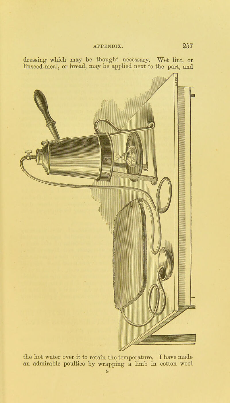 dressing wliich may be thouglit necessary. Wet lint, or linseed-meal, or bread, may be applied next to the part, and tbe hot water over it to retain the temperature. I liave made an admirable poultice by wrapping a limb in cotton wool s